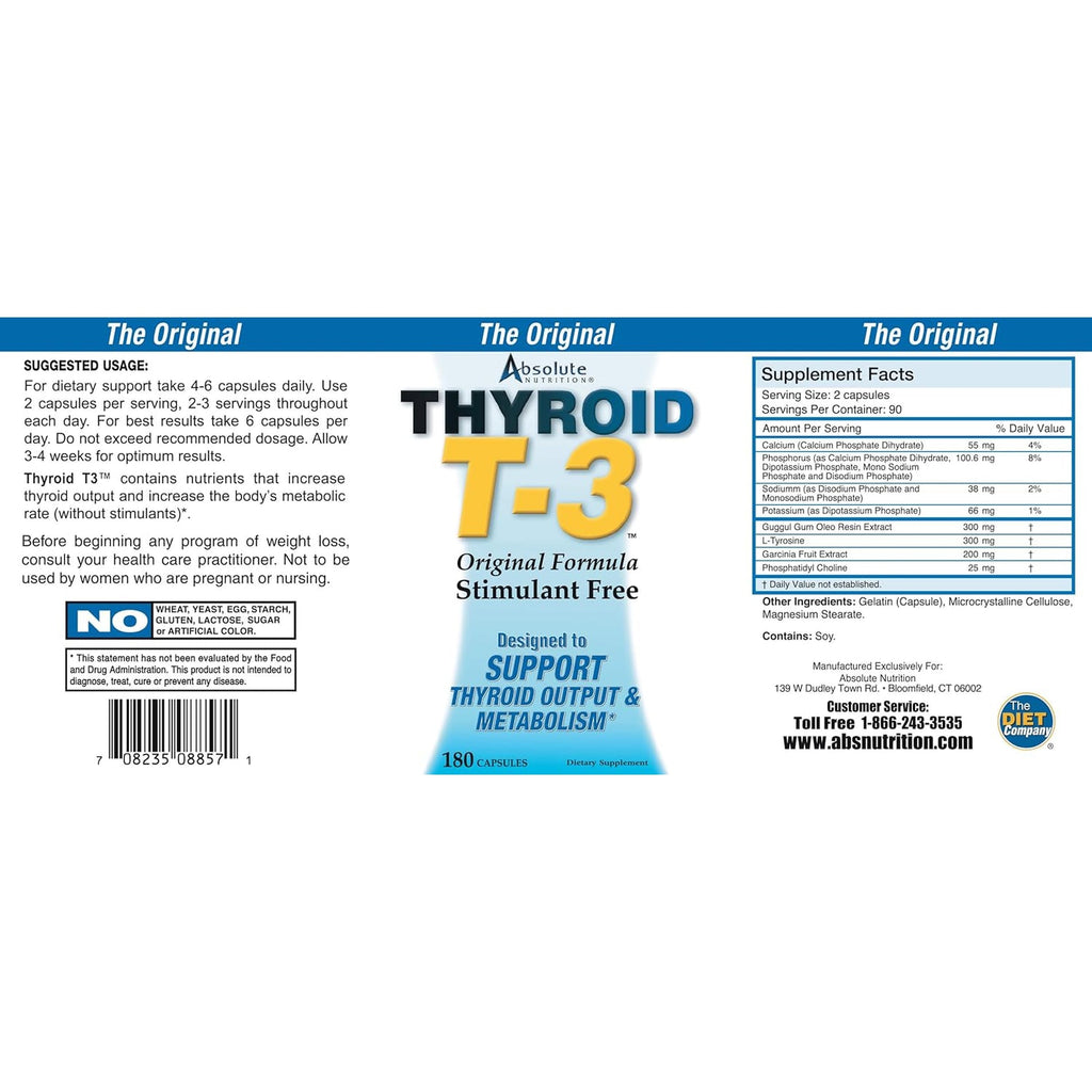 Absolute Nutrition Thyroid T-3 Radical Metabolic Booster, Energy & Focus Unflavored Thyroid Support Formula Capsules, Natural Metabolism Booster, Support Healthy Thyroid Function, 180 Capsules