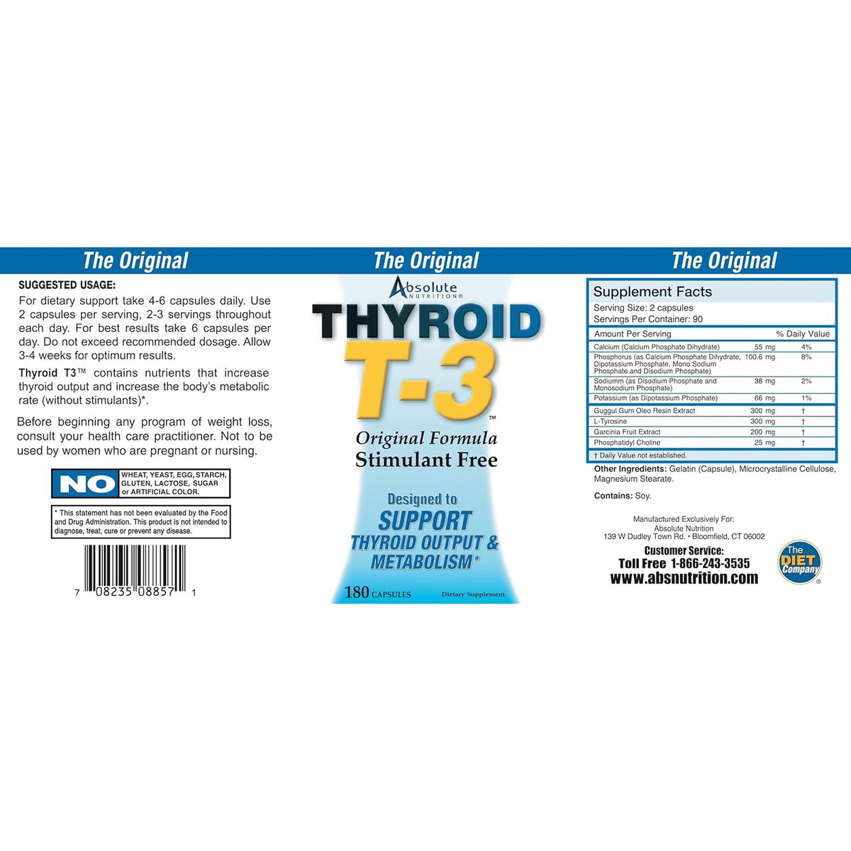 Absolute Nutrition Thyroid T-3 Radical Metabolic Booster, Energy & Focus Unflavored Thyroid Support Formula Capsules, Natural Metabolism Booster, Support Healthy Thyroid Function, 180 Capsules