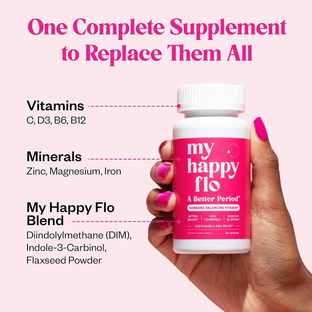 My Happy Flo Period Relief Supplement – Cramp Relief, Heavy Periods & Irregular Period Support, Bloating & Fibroid, Gentle Iron, DIM, Magnesium, Vitamin D3, Plant-Based PMS & Hormone Support | 60 Caps