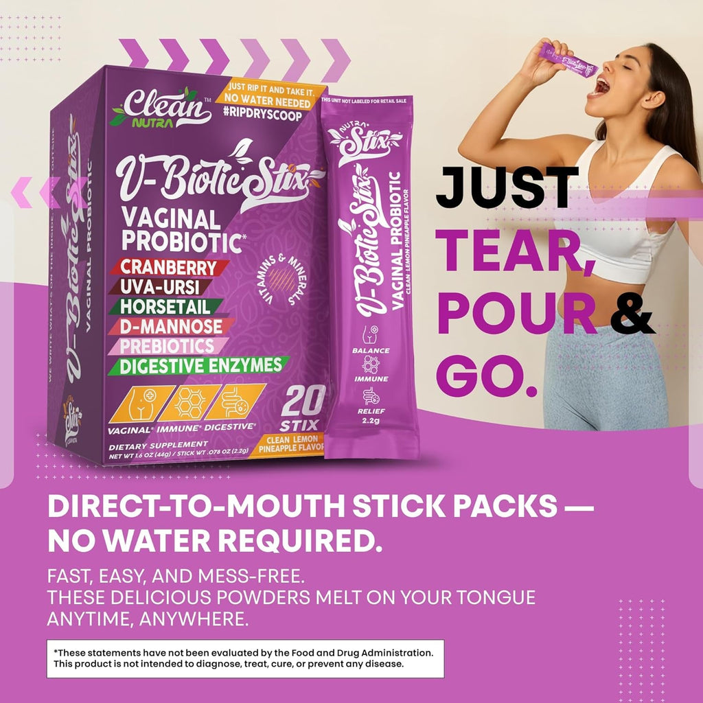 Clean Nutraceuticals Vaginal Probiotics for Women with Cranberry Extract, D-Mannose, Prebiotics, Ph Balance for Women, Vaginal Health – Womens Probiotic Alternative to Gummies - 20 Stix