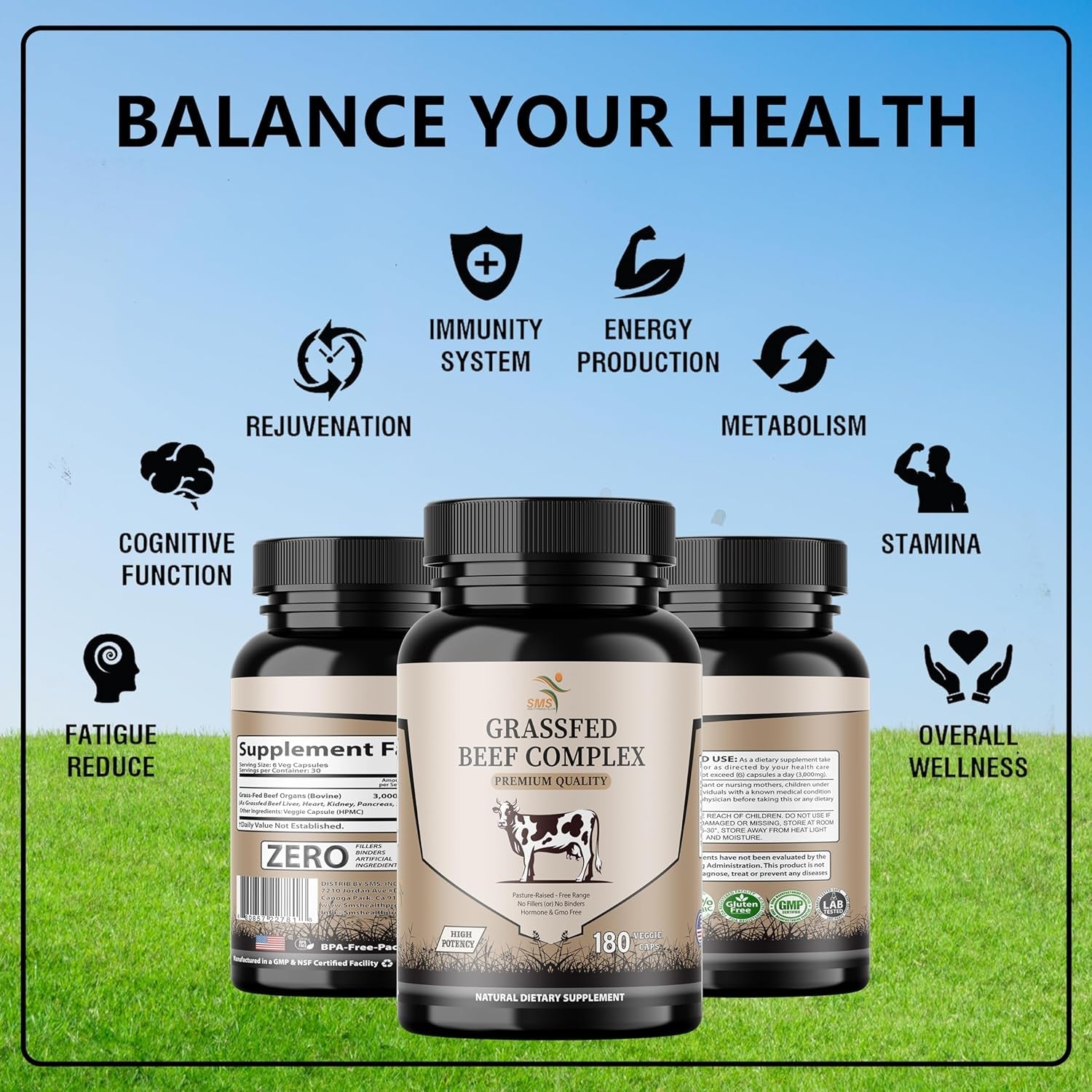 Beef Organ Supplement - Grass Fed & Pasture Raised - Total Body Wellness & Performance, Organ Complex with 3000Mg of Desiccated Beef Liver, Heart, Kidney, Pancreas, Spleen (180 Capsules)