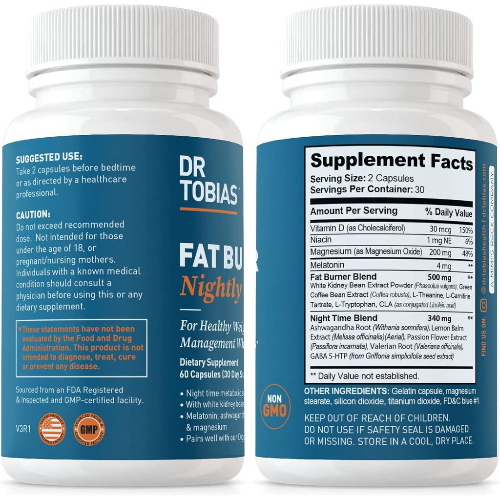 Dr. Tobias Fat Burner Nightly - Night Time Metabolic Support with White Kidney Bean Extract, Ashwagandha Root, Green Coffee Bean Extract & Melatonin | Non-Gmo (60 Capsules 30 Day Supply)