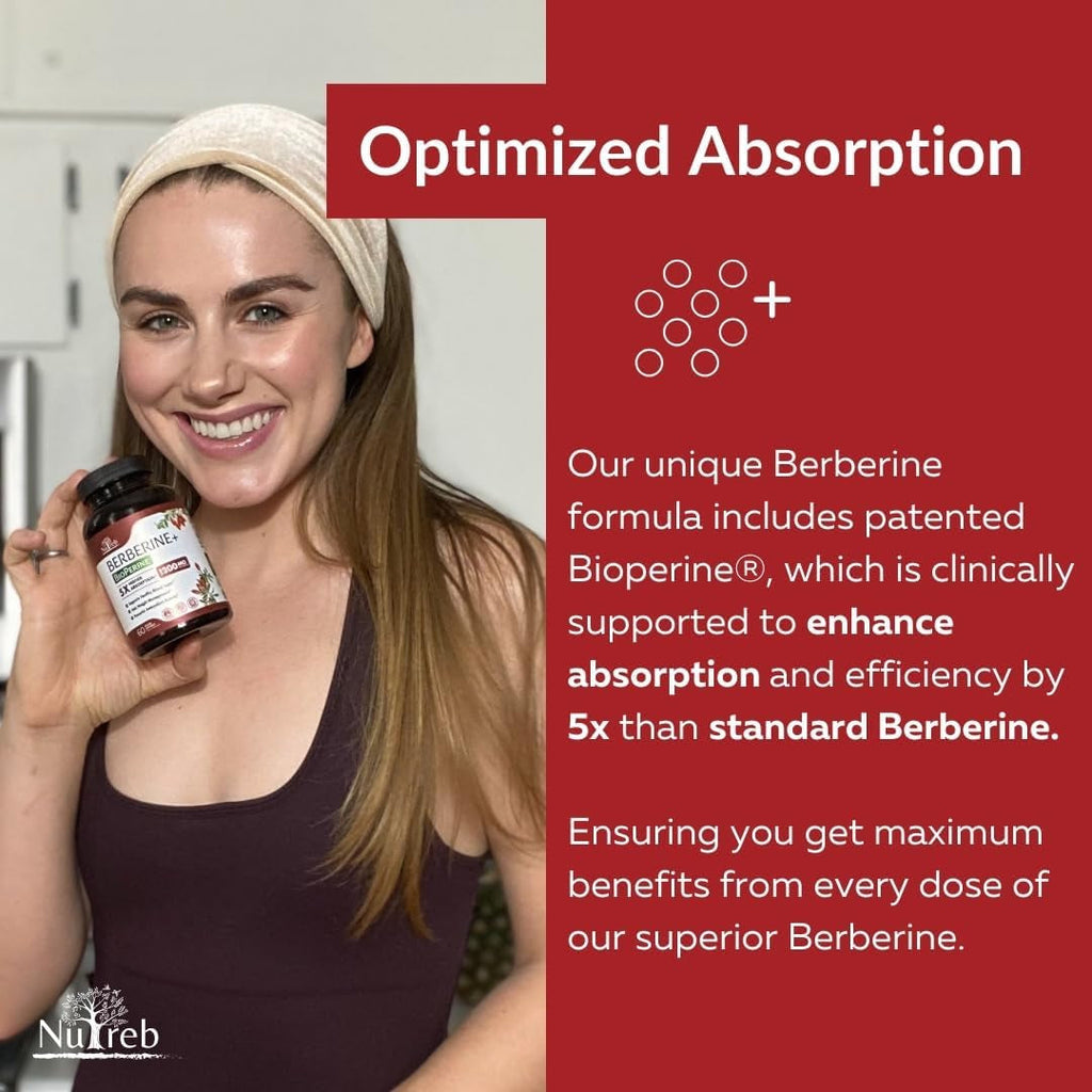 Nutreb Berberine Supplement 1200Mg - 5X Higher Absorption - Ultra Pure 98% Berberine HCL - Healthy Weight Management, Immune Support - Non GMO, Manufactured in USA - 60 Vegan Capsules