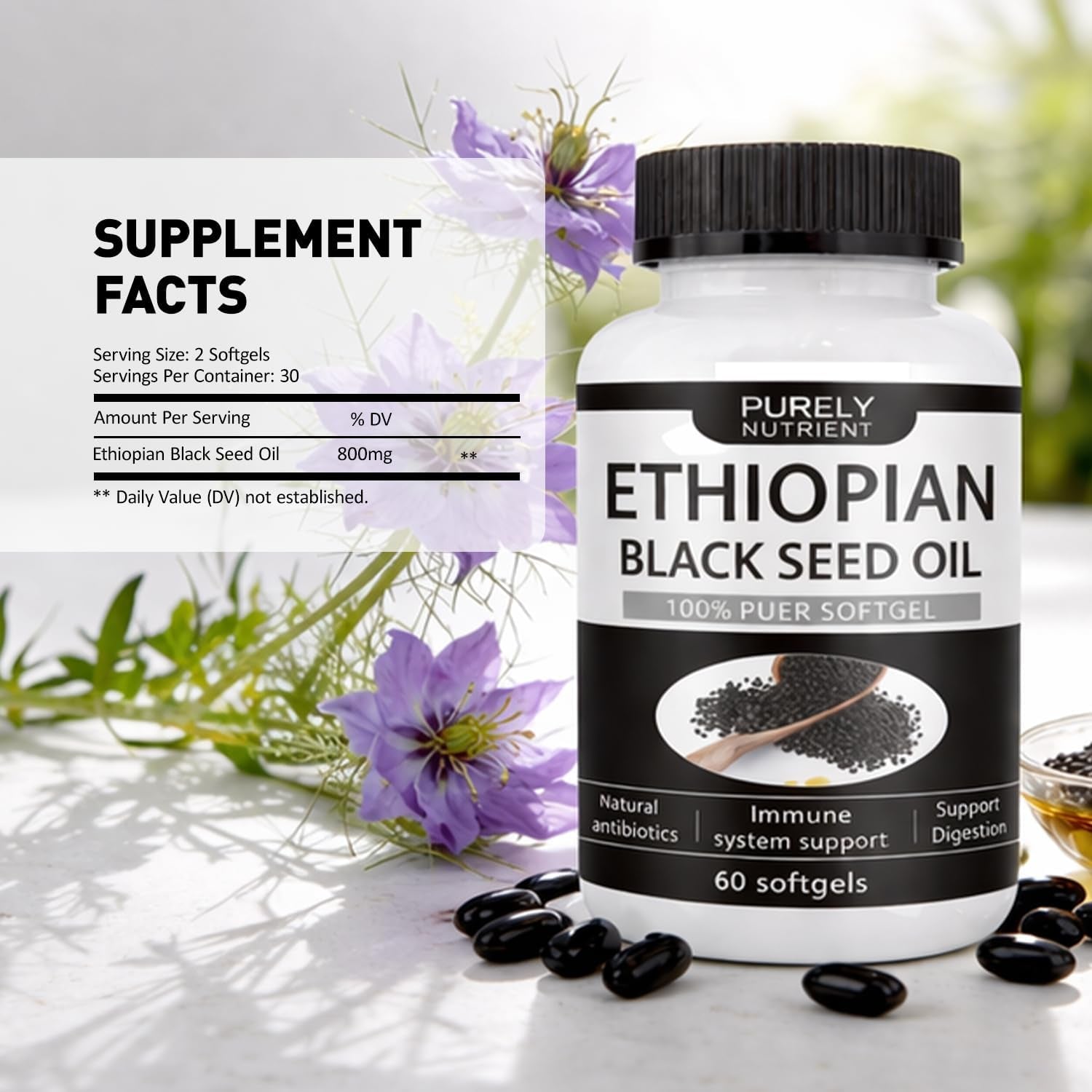 Purely Nutrient Ethiopian Black Seed Oil,Non-Gmo, Gluten-Free,60 Count