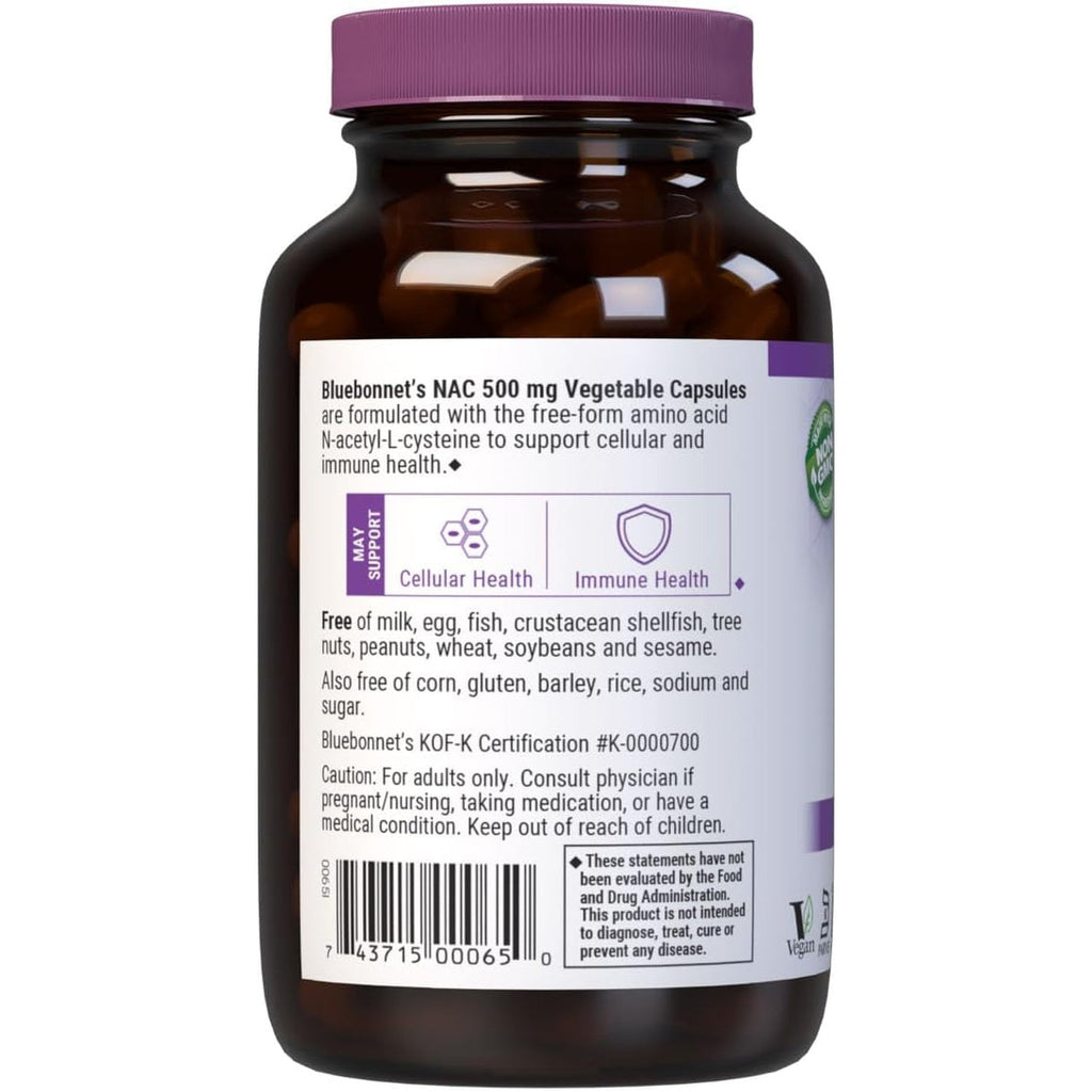 Bluebonnet NAC Supplement N-Acetyl-L-Cysteine 500 Mg - Antioxidant Cellular Health & Immune Support - Free-Form Amino Acid for Women & Men - Non-Gmo, Kosher, Gluten-Free - 90 Vegetable Capsules