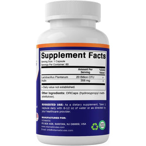 Vitamatic Lactobacillus Plantarum - 20 Billion per DR Capsule - 60 Count - Digestive Support - Made with Prebiotic Inulin Fiber