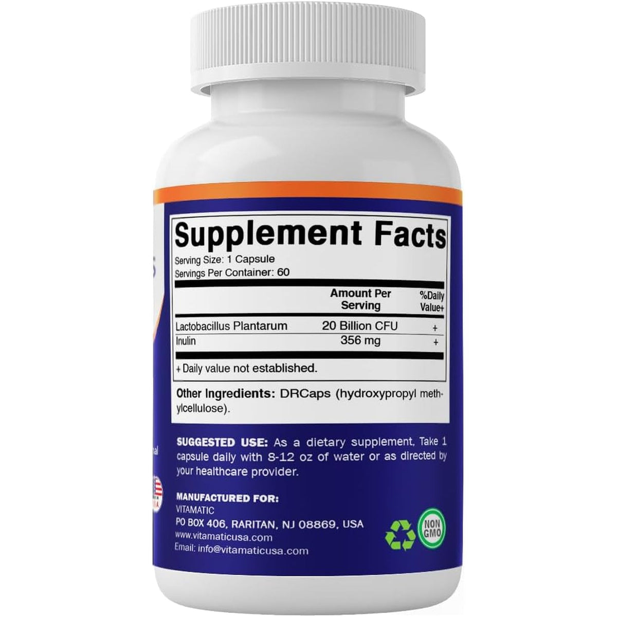 Vitamatic Lactobacillus Plantarum - 20 Billion per DR Capsule - 60 Count - Digestive Support - Made with Prebiotic Inulin Fiber