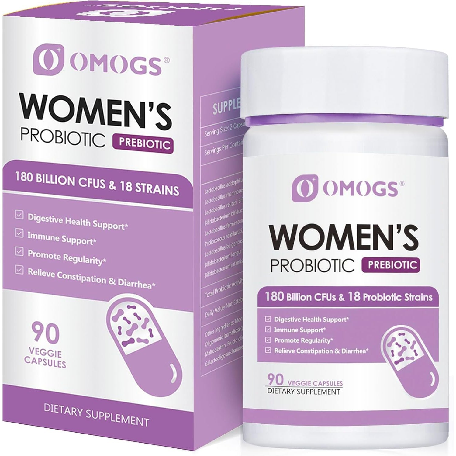 OMOGS Women'S Probiotic 180 Billion Cfus 18 Strains, with Organic Prebiotics, Cranberry Extract, D-Mannose & Digestive Enzymes, for Digestive, Boost Immune, PH Balance & Urethral Health, 90 Capsules