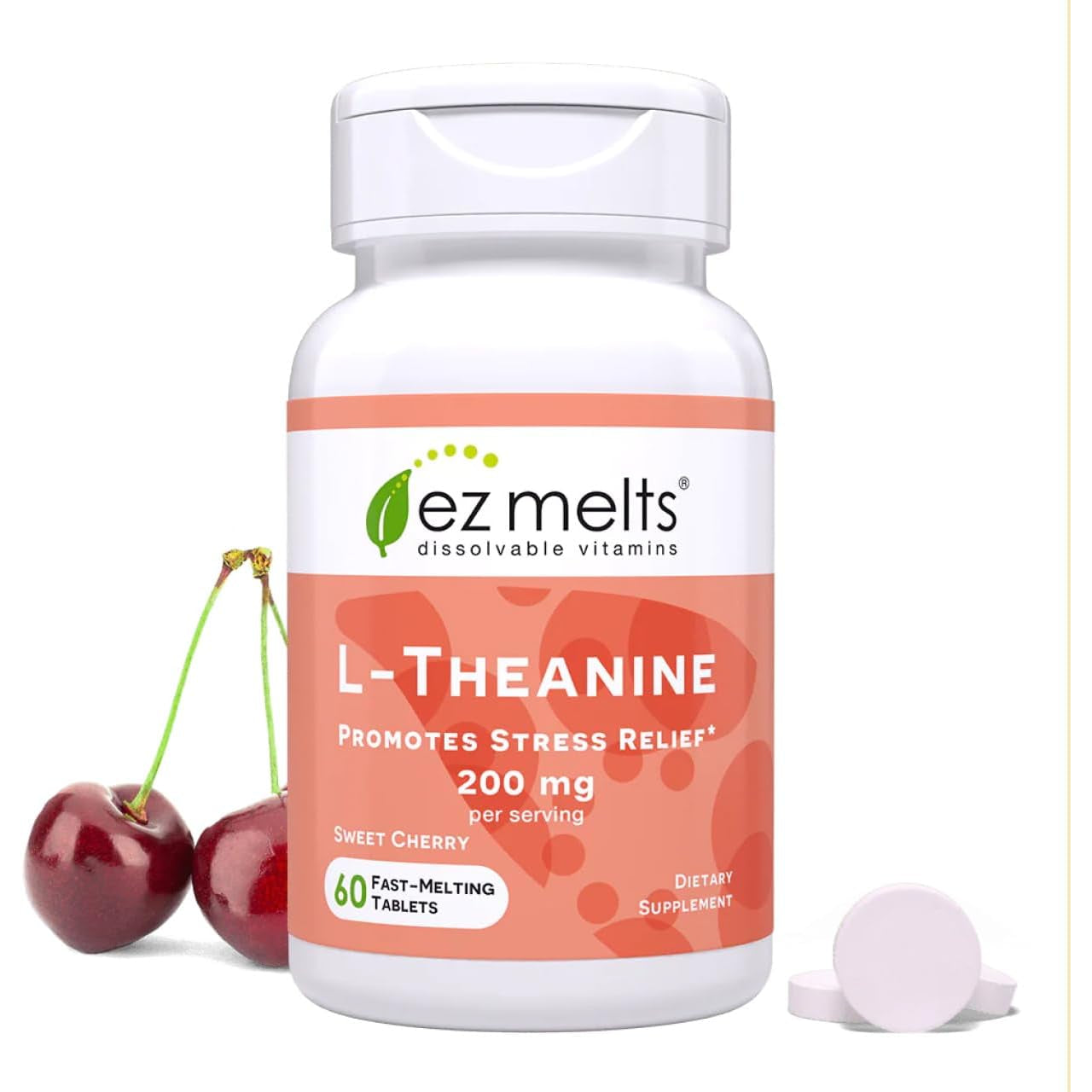 EZ Melts L-Theanine 200 Mg - Stress & Relaxation Support Supplement - No Artificial Flavors - No Drowsiness - Non-Gmo & Vegan - Sweet Cherry - 60 Dissolvable Tablets (30 Servings)