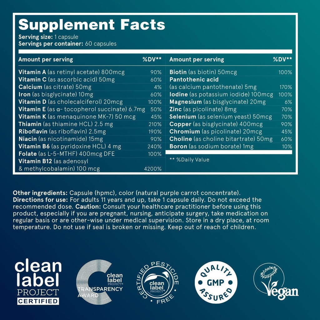 Puori Vegan Multi-Vitamin & Mineral Complex for Men & Women - Blended Multivitamins with 13 Essential Vitamins & 9 Minerals for Overall Health, Nervous & Immune System Support - 60 Capsules