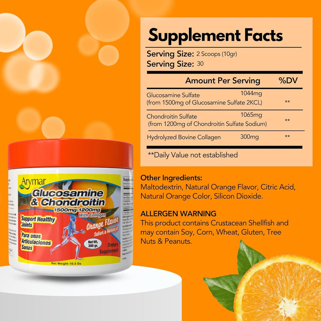 Arymar Glucosamine Chandroitin Powder (1500Mg/1200Mg) - Joint Health Support Supplement - Helps Maintain Mobility & Flexibility - High Absorption Formula - 300G (10.5 Oz)