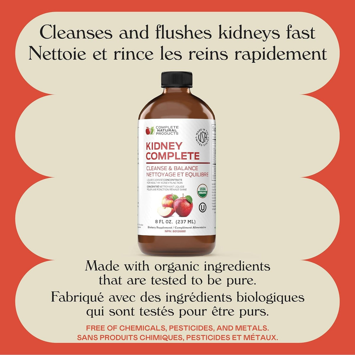 Complete Natural Products Kidney Complete - 8Oz Organic Liquid for Kidney Support, Cleanse, and Detox with Apple Cider Vinegar, Lemon, & Organic Chanca Piedra.