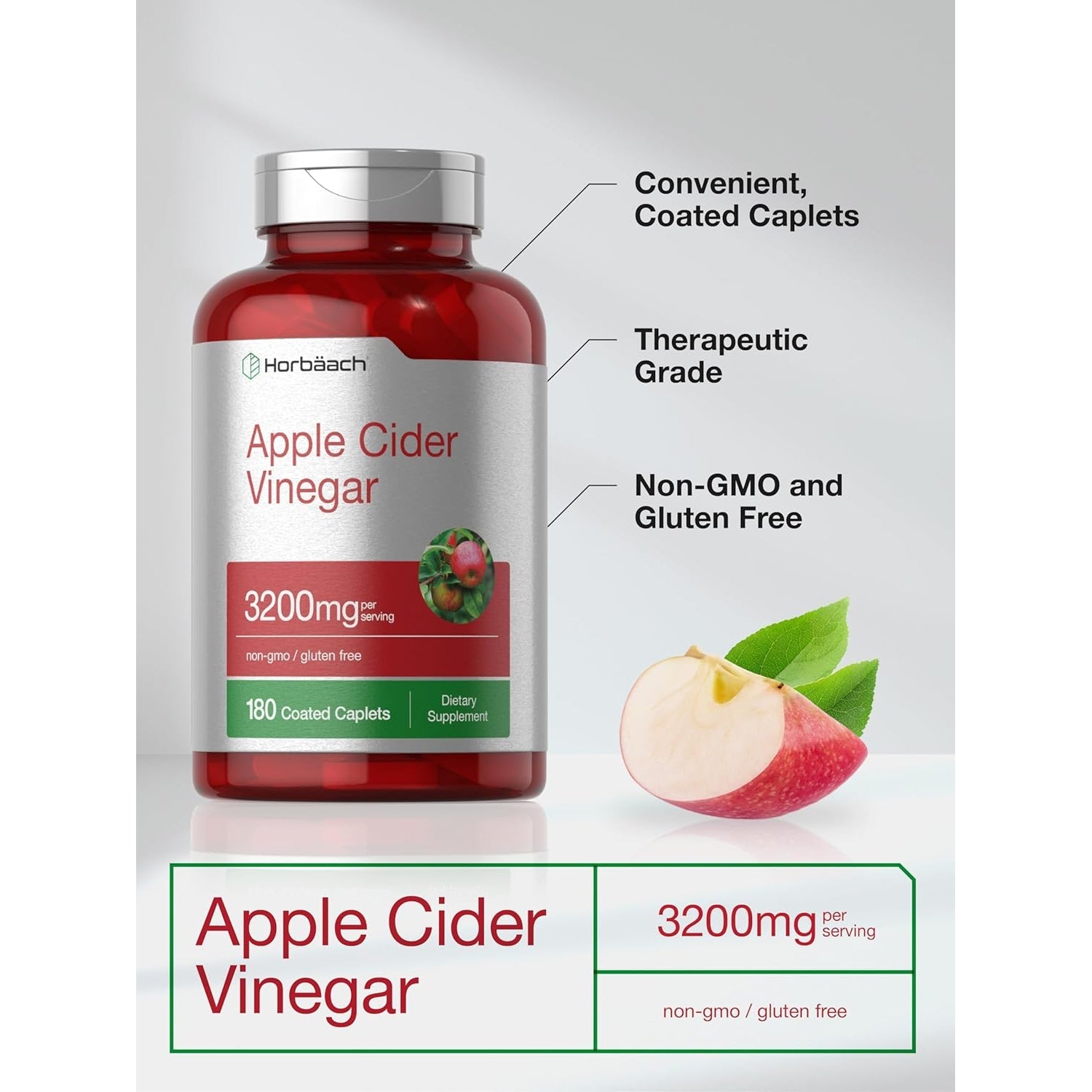 Horbäach Apple Cider Vinegar Caplets 3200Mg | 180 Pills | Vegetarian, Non-Gmo & Gluten Free Supplement