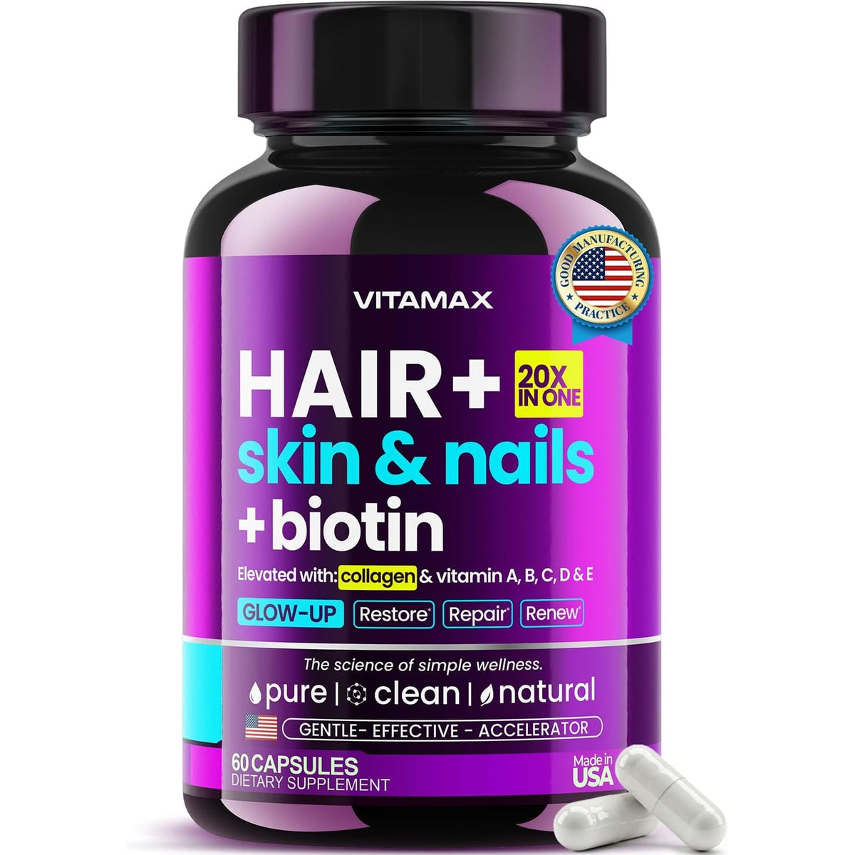Biotin | Collagen | Keratin Booster with Hyaluronic Acid - Thicker Hair Growth, Healthy Skin & Stronger Nails Supplement – Extra Strength - Multi Vitamin B Complex - Women & Men - Made in USA - 60Ct