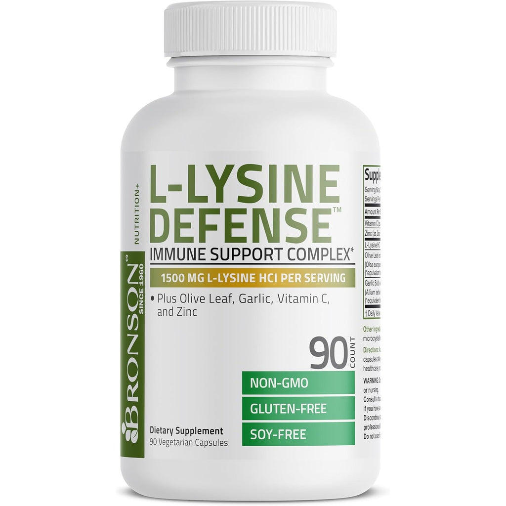 Bronson L-Lysine Defense Immune Support Complex 1500 MG L-Lysine plus Olive Leaf, Garlic, Vitamin C and Zinc - Non-Gmo, 90 Vegetarian Capsules