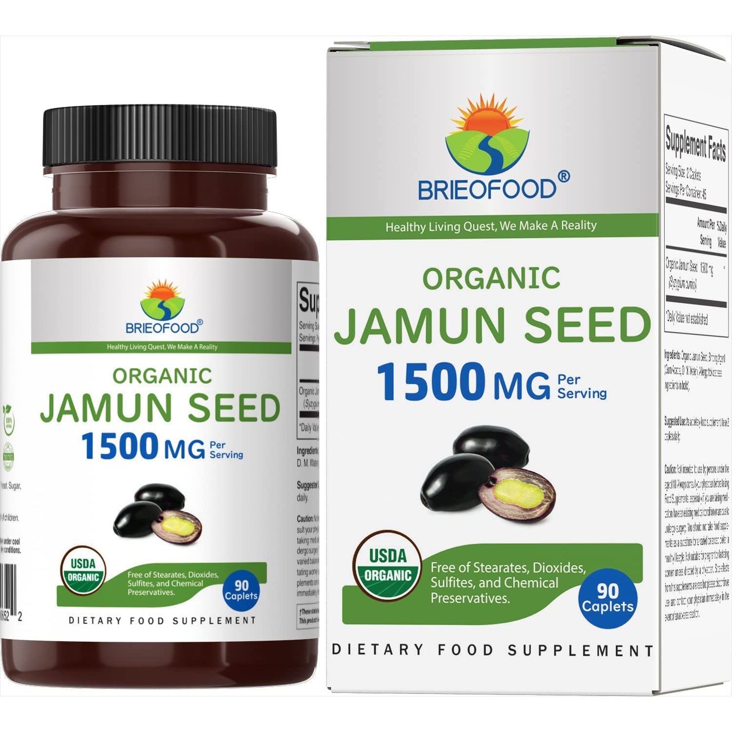 Brieofood Organic Jamun Seed 1500Mg, 45 Servings, Vegetarian, Gluten Free, 90 Vegetarian Tablets