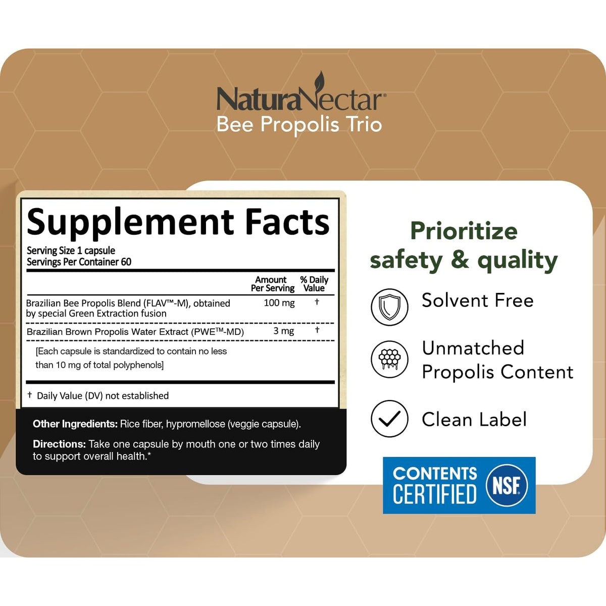 Naturanectar - Bee Propolis Trio Capsules, NSF Certified Premium Brazilian Propolis - Gluten-Free Supplements with More Diverse Flavonoids & PWE - Naturally Sourced through Ethical Beekeeping (60Pcs.)