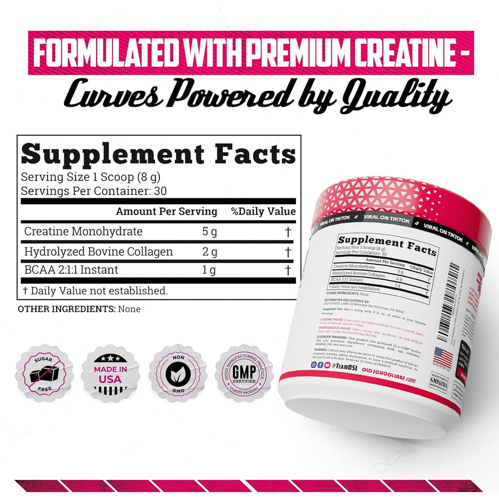 Old School Labs Creatine for Women – Post-Workout Supplement with 5000Mg Creatine Monohydrate Powder, 2000Mg Collagen & BCAA 2:1:1 for Strength Support & Recovery – Unflavored - 8.57 Ounce (Pack of 1)