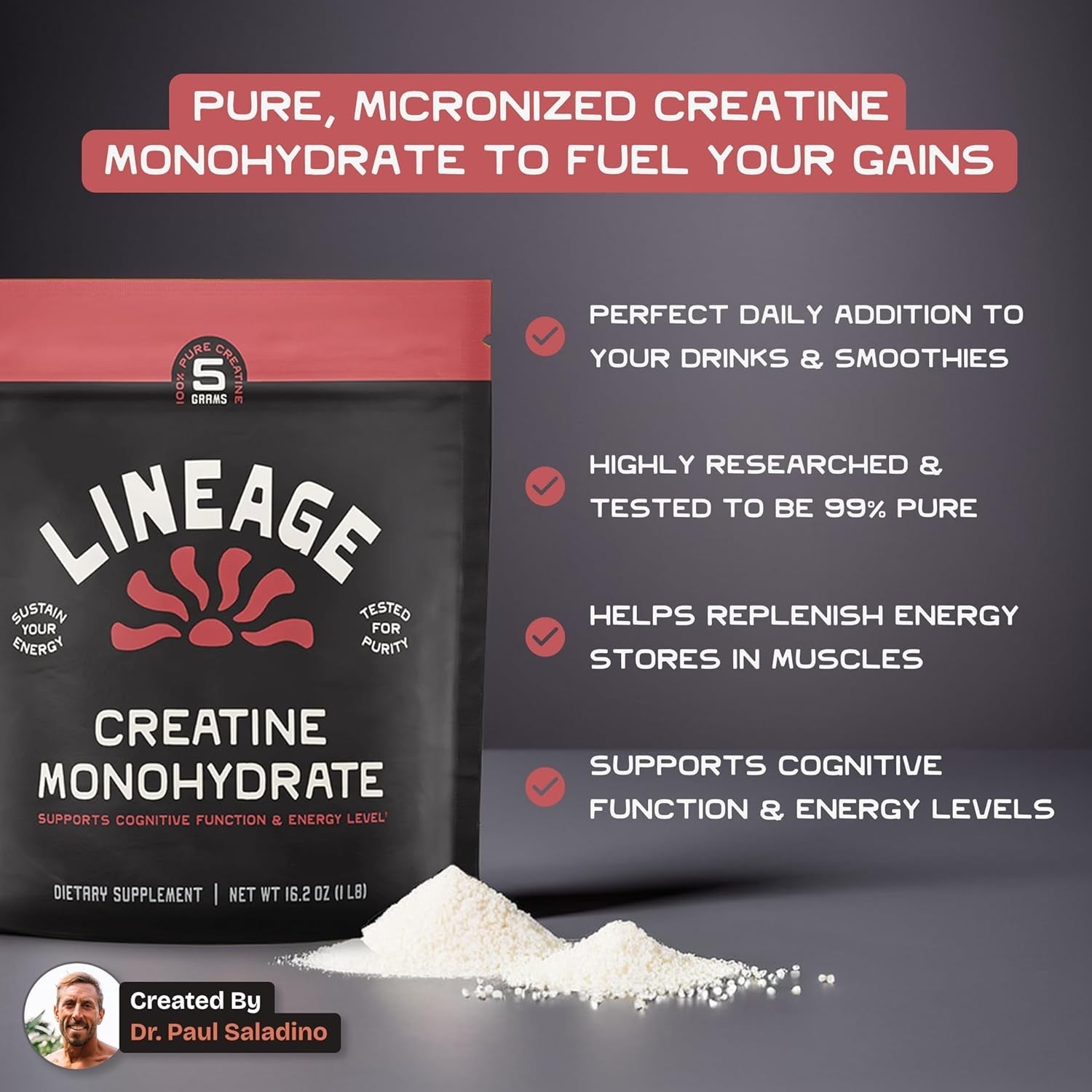 Lineage Provisions Micronized Creatine Monohydrate with Sea Salt - Micronized Creatine Powder for Training & Performance – No Artificial Ingredients – 90 Servings