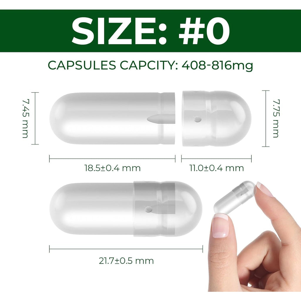 Vegan Size 0 Separated Capsules Empty Pill Caps Plant Based Clear (1,000 Caps+1,000 Bodies) Gluten Free, Non-Gmo, Halal Certified Filling Kit for Vegetarian DIY Your Own Supplements