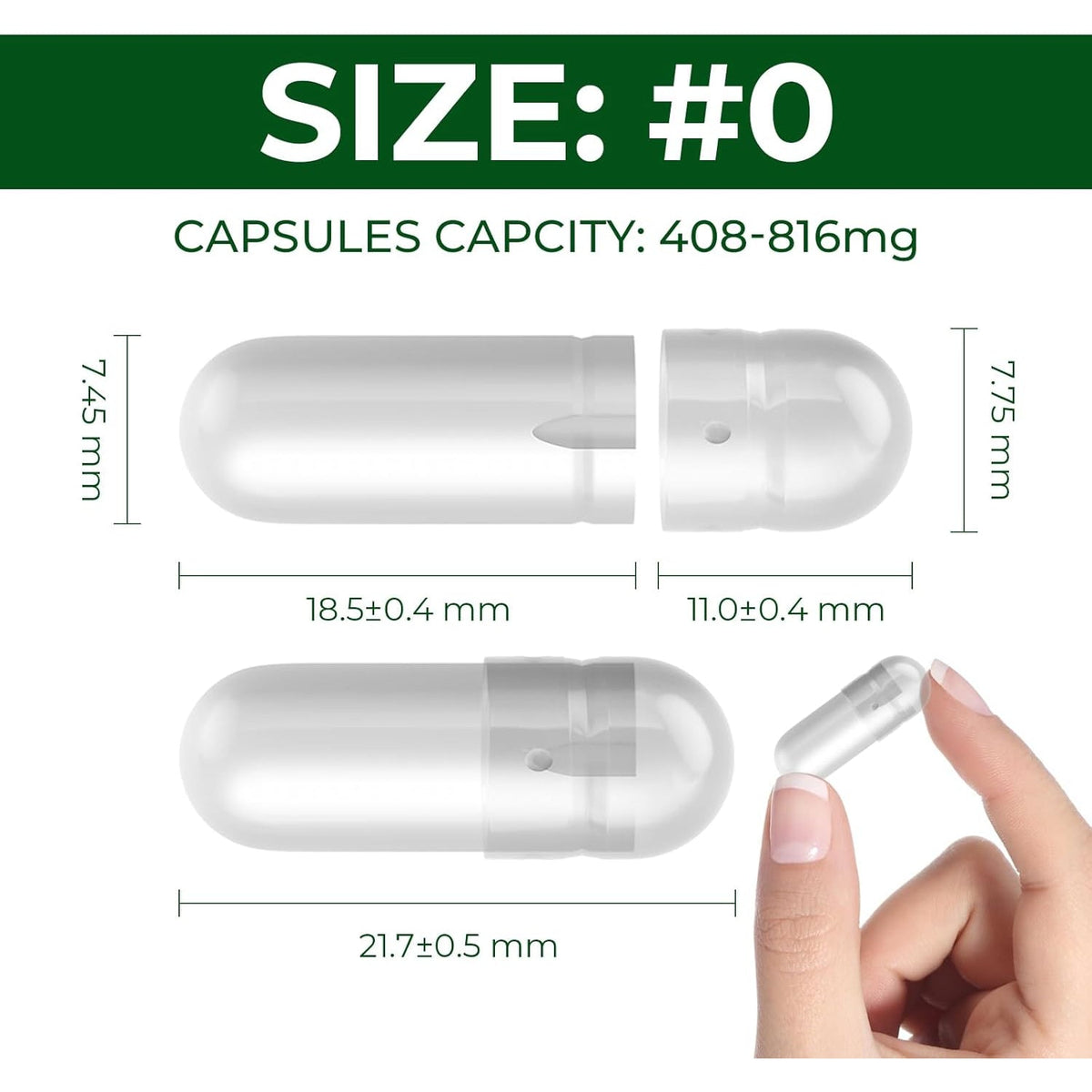 Vegan Size 0 Separated Capsules Empty Pill Caps Plant Based Clear (1,000 Caps+1,000 Bodies) Gluten Free, Non-Gmo, Halal Certified Filling Kit for Vegetarian DIY Your Own Supplements