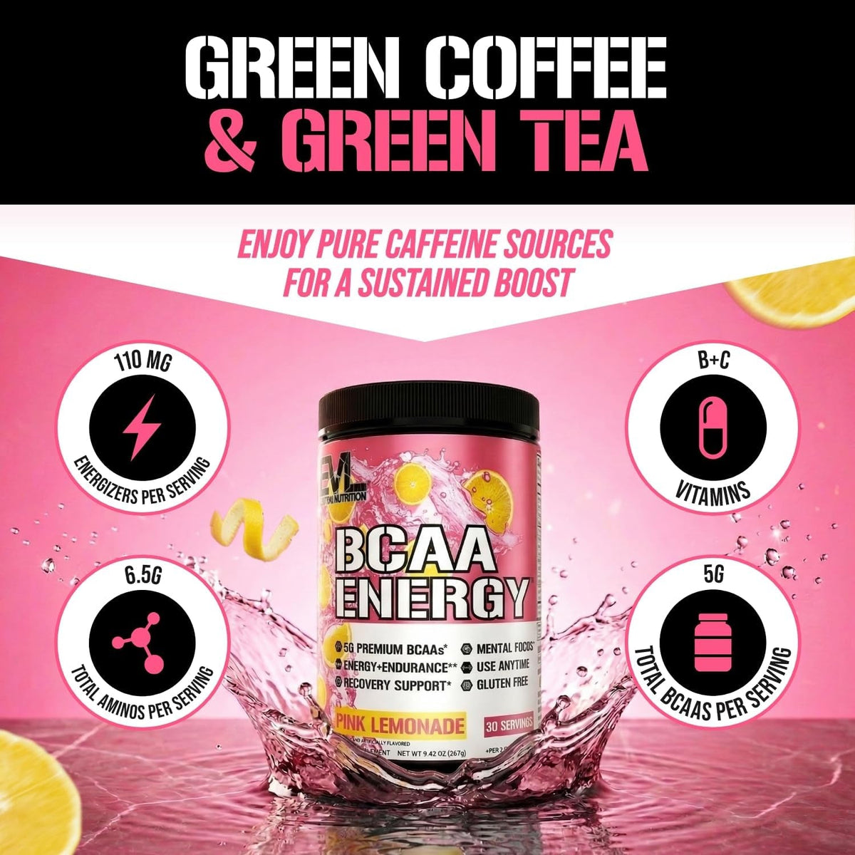 Evlution EVL Bcaas Amino Acids Powder - BCAA Energy Pre Workout Powder for Muscle Recovery Lean Growth and Endurance - Rehydrating Post Workout Recovery Drink with Natural Caffeine - Pink Lemonade
