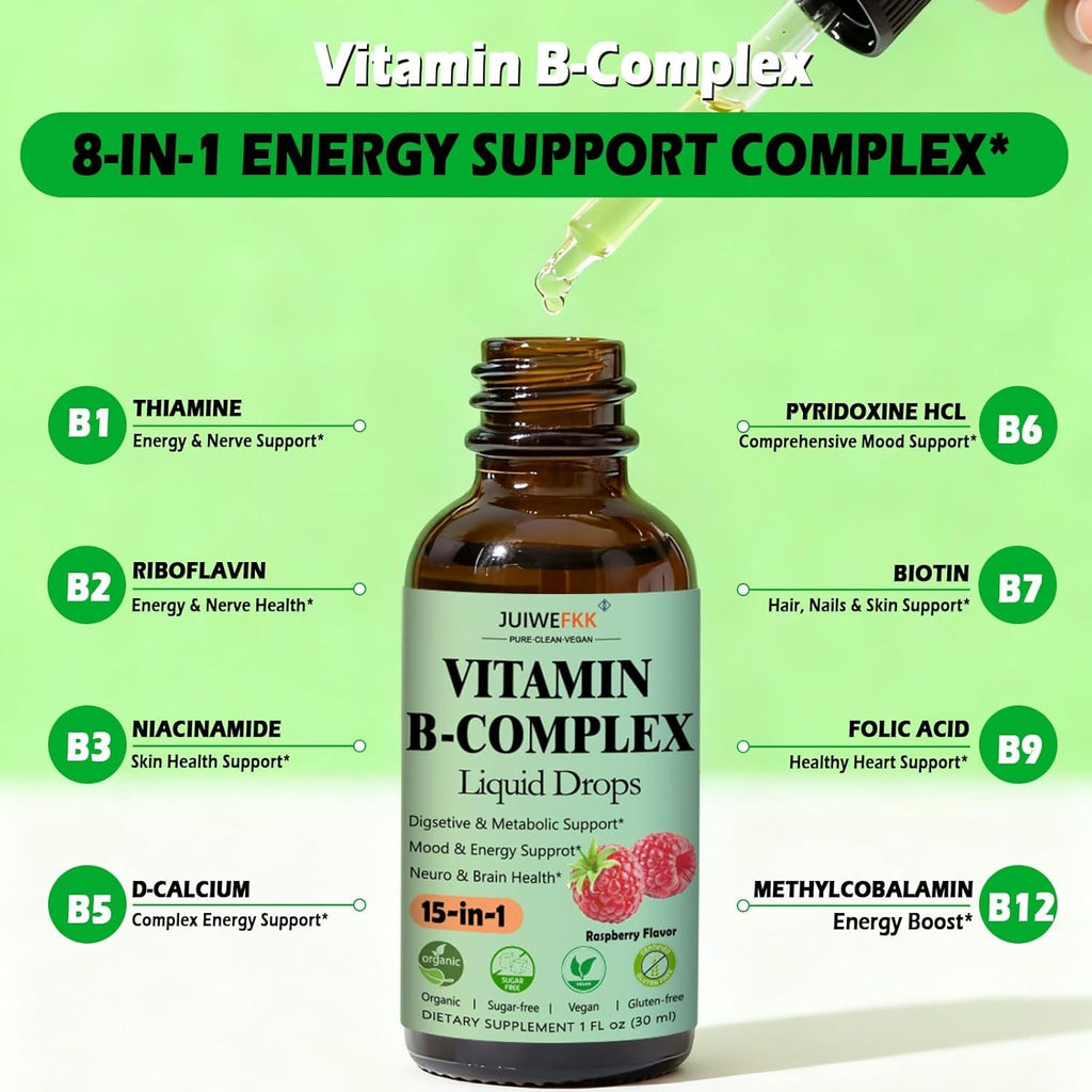 Vitamin B Complex Liquid Drops for Women Men & Kids, 15-In-1 VIT B Complex with Vitamin C B12 B6 B1 Niacin Folate Magnesium for Brain Nerve Neuropathy Energy Mood Health, Sublingual B-Complex Drops