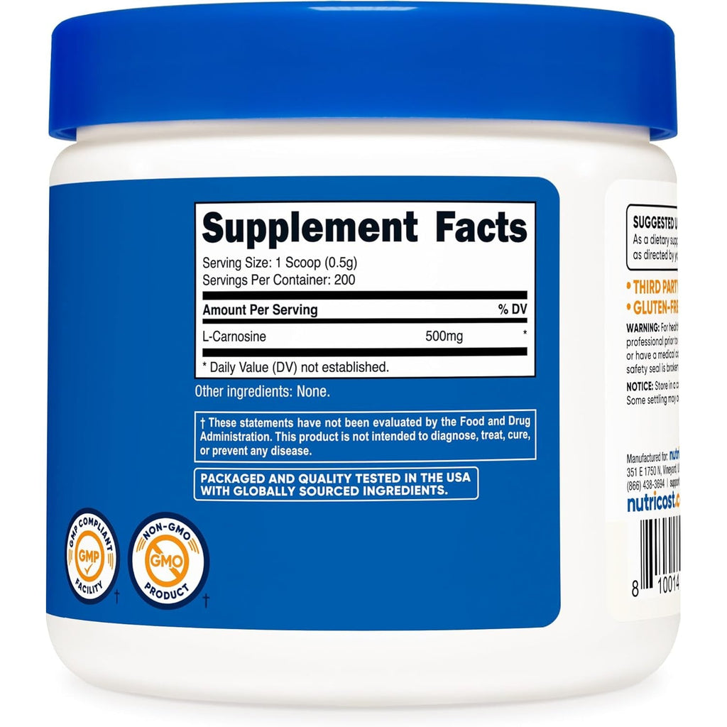 Nutricost L-Carnosine Powder 100 Grams (200 Servings) - Non-Gmo