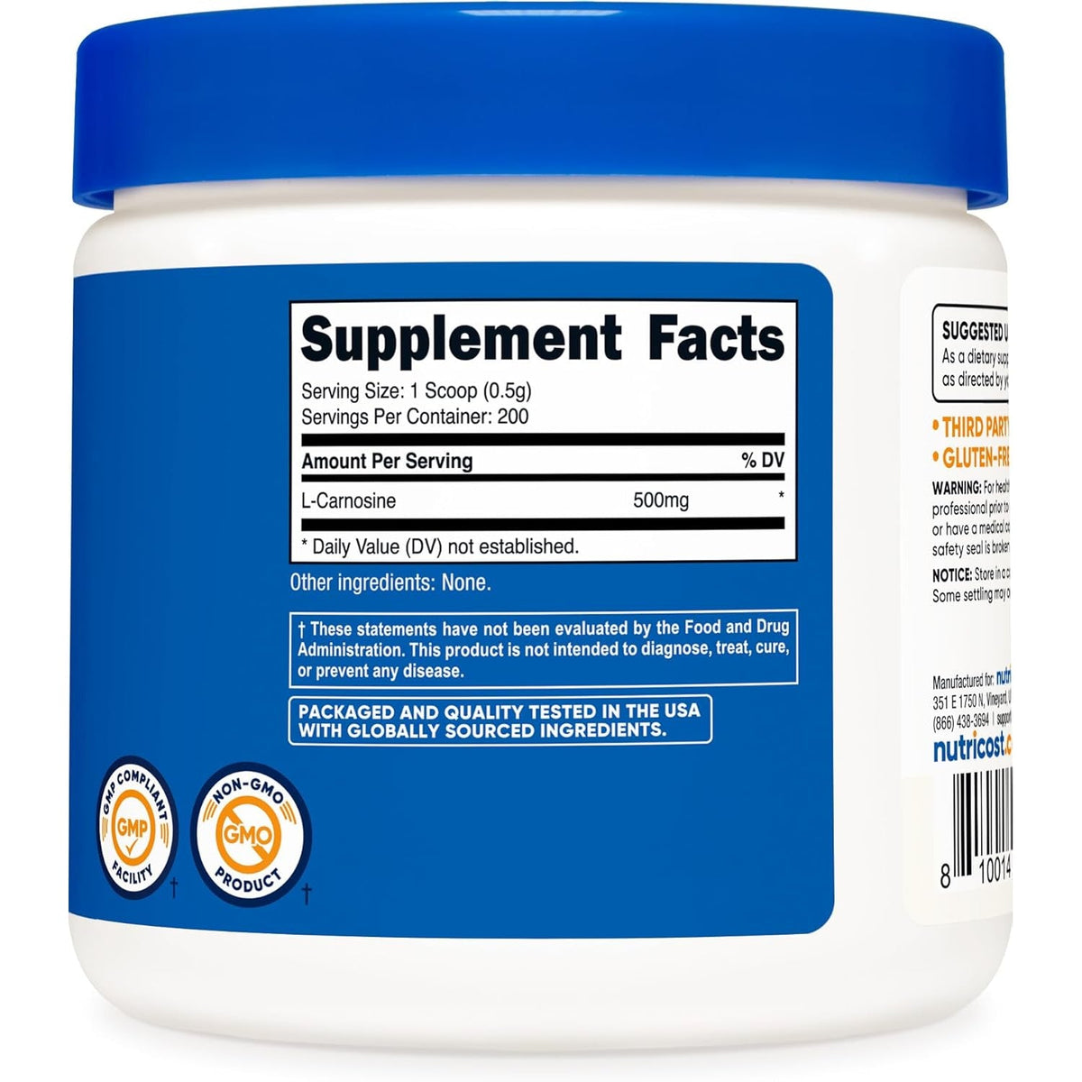 Nutricost L-Carnosine Powder 100 Grams (200 Servings) - Non-Gmo