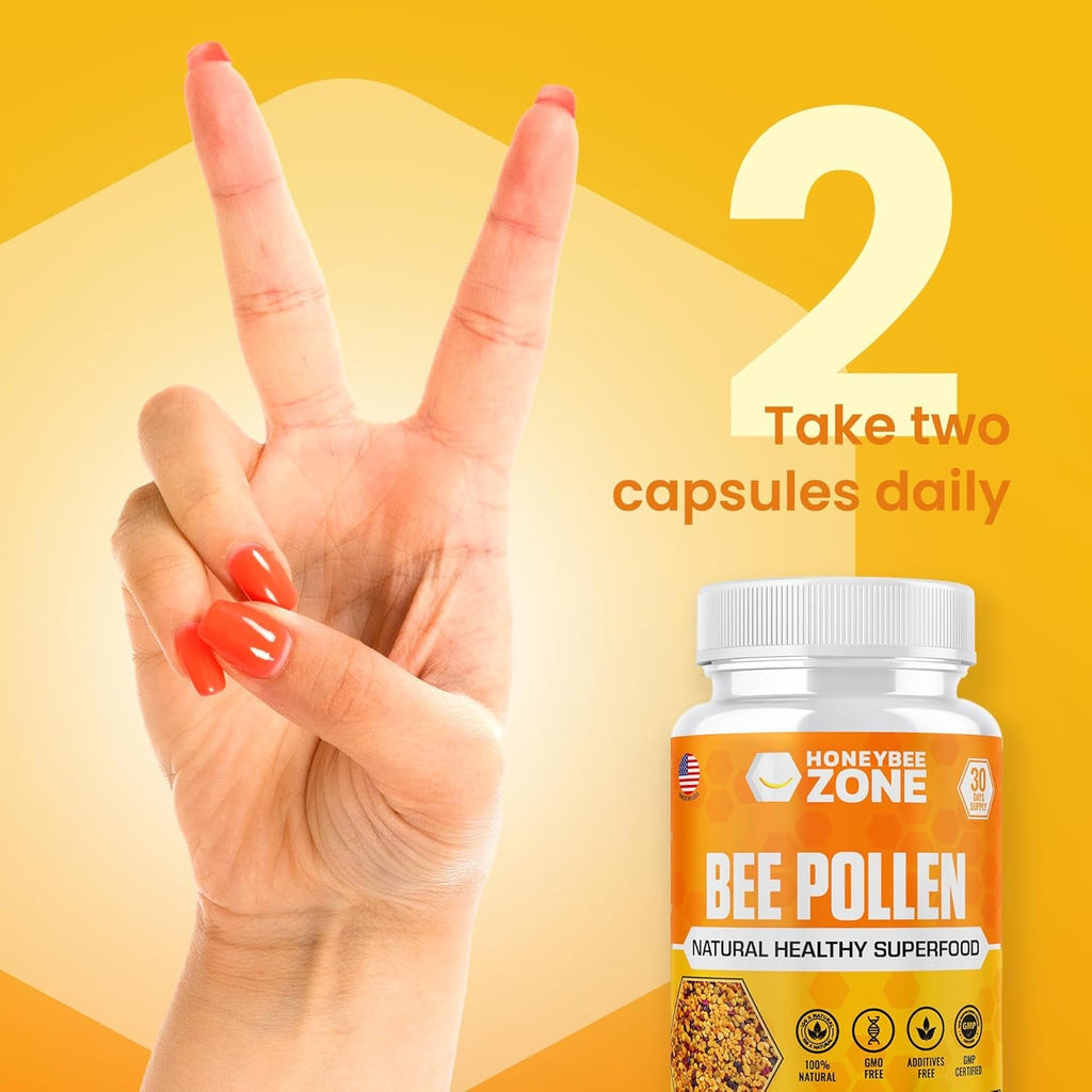 HONEYBEEZONE–100% Raw Bee Pollen Granules in 60 Veggie Capsules – High in Essential B-Complex for Metabolism & Energy - Gluten Free & Non-Gmo - Protein & Antioxidants – Immune Support & Vitality
