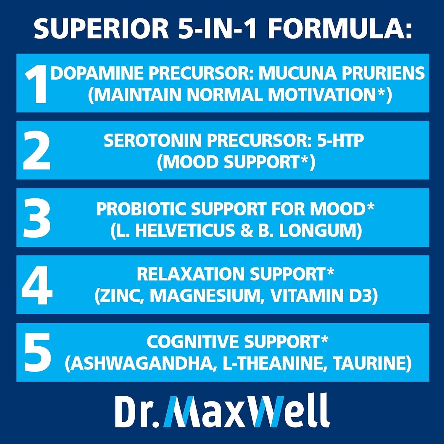 Dr. Maxwell Serotonin and Dopamine Supplements with Mood Probiotic, 5In1 Support for (1) Dopamine (2) Serotonin (3) Mood (4) Relaxation (5) Focus & Brain, 60 Capsules