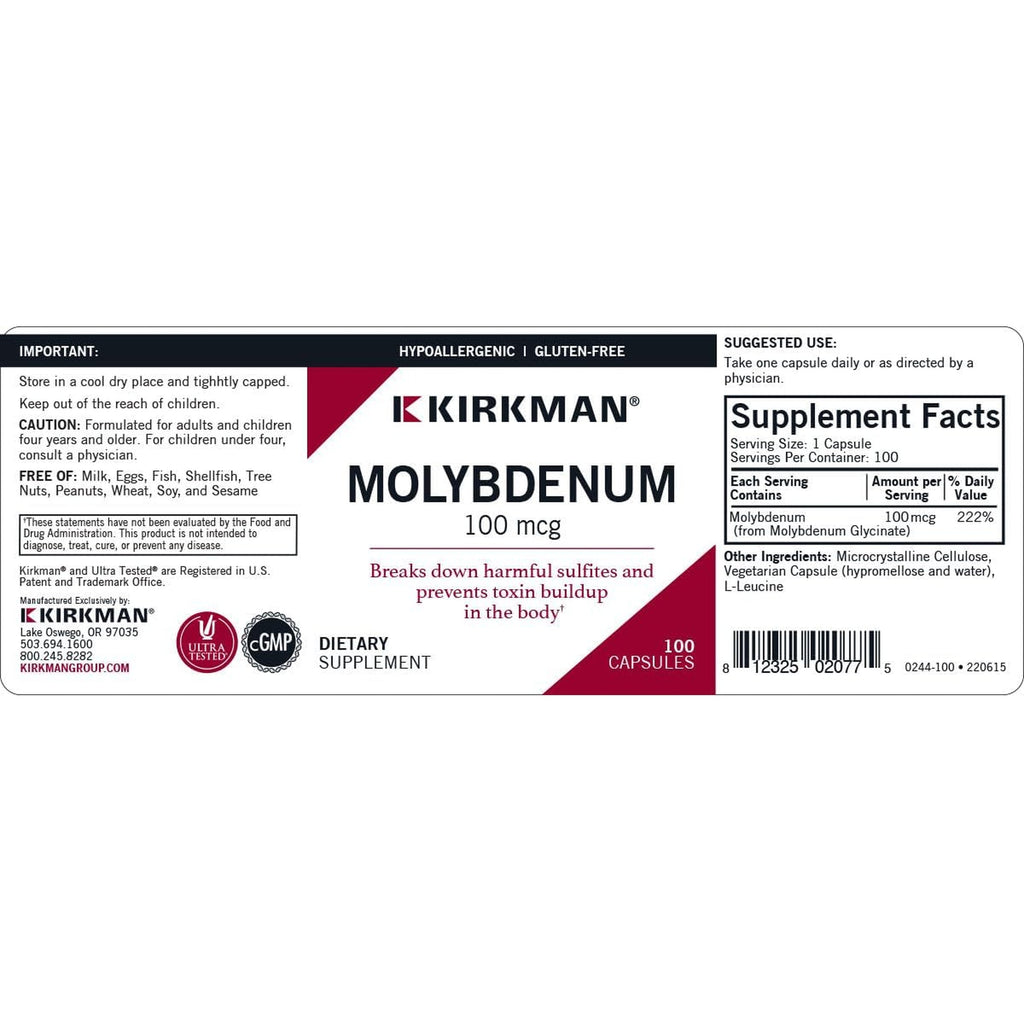 Kirkman - Molybdenum 100 Mcg - 100 Capsules - Essential Minerals - Breaks down Sulfites & Toxins - Hypoallergenic