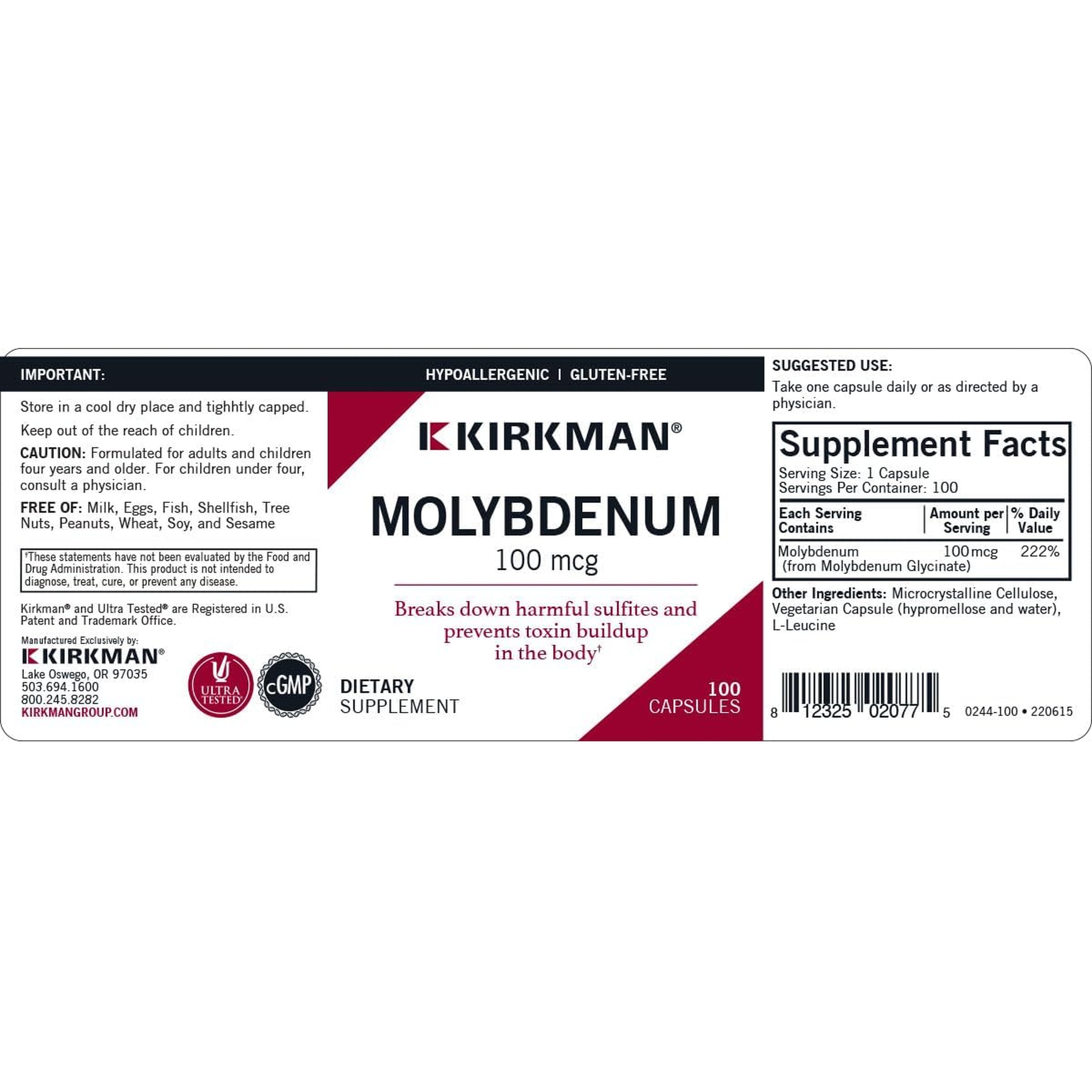 Kirkman - Molybdenum 100 Mcg - 100 Capsules - Essential Minerals - Breaks down Sulfites & Toxins - Hypoallergenic