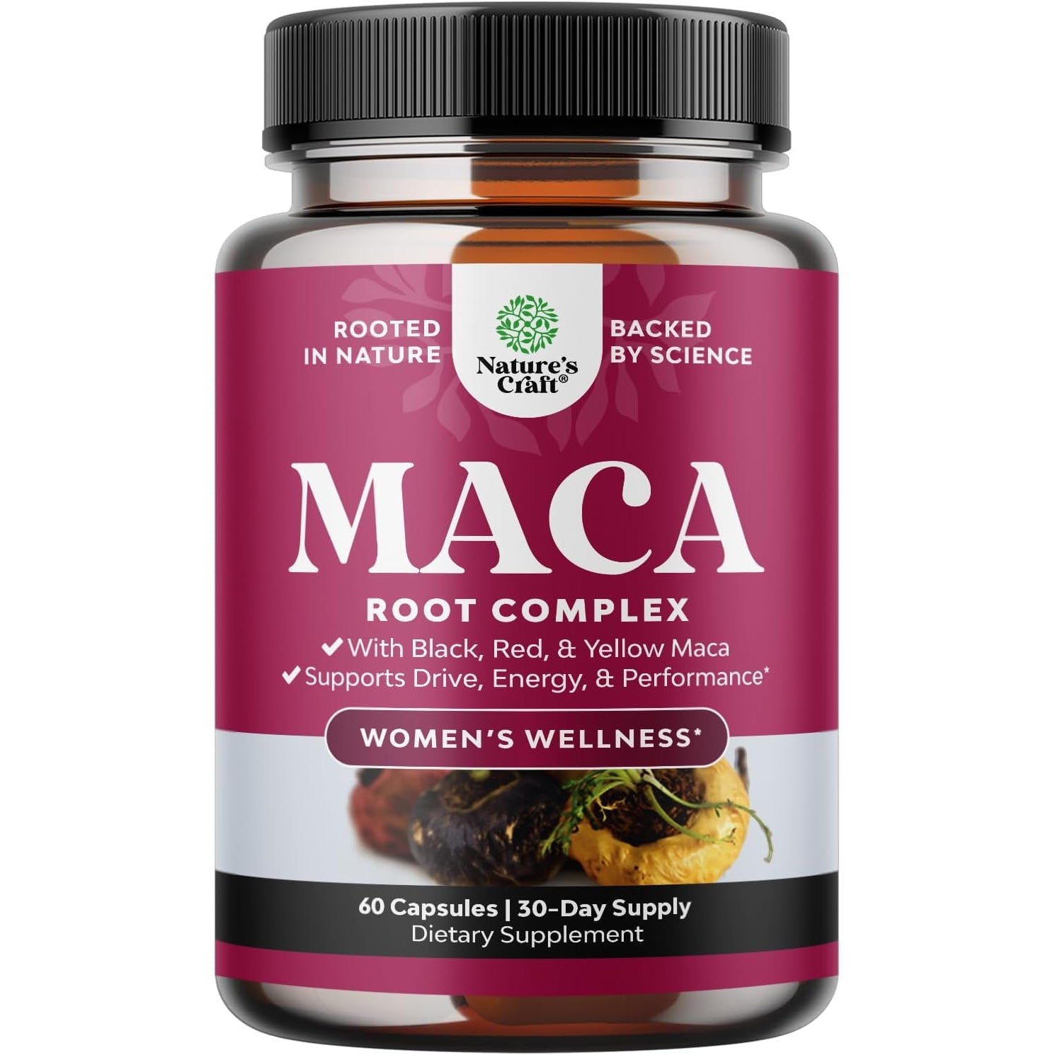 Maca Root Capsules for Women - Potent Herbal Supplement with Female Enhancing Blend of Red Yellow & Black Maca Root - Non-Gmo Certified Vegan and Gluten-Free with No Artificial Colors - 60 Count