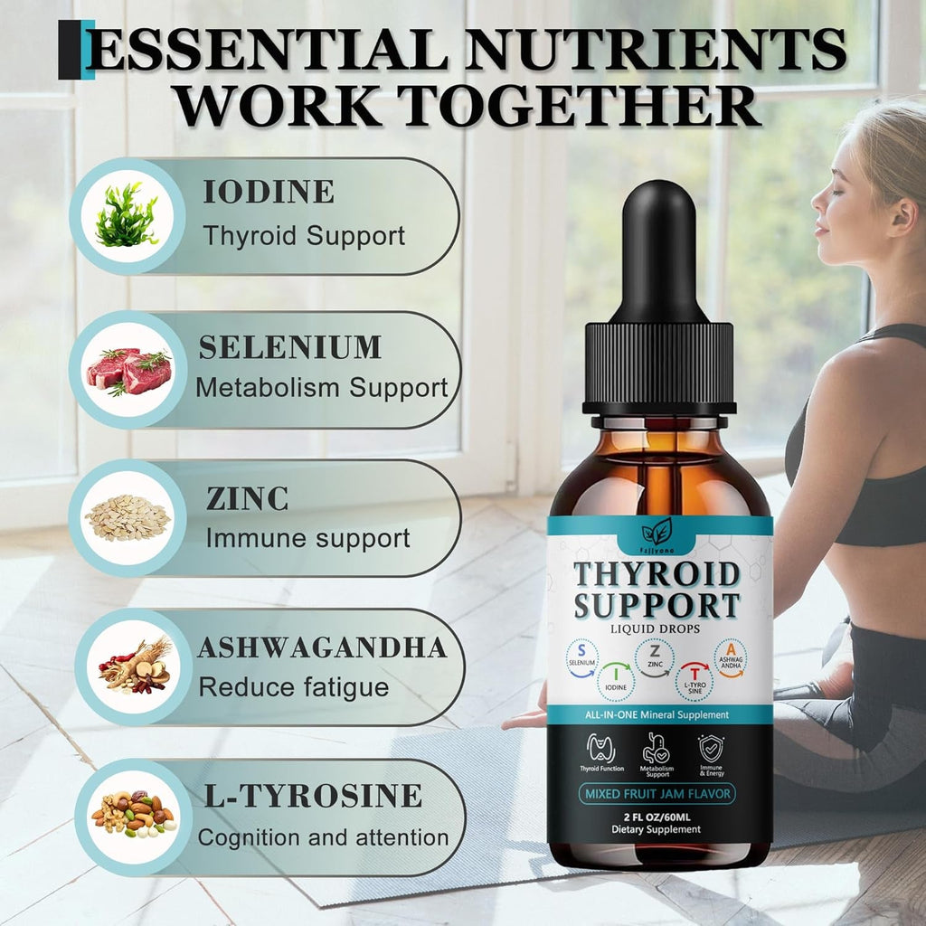 Thyroid Support for Women & Men Liquid Drops.Thyroid Supplement Drops with Selenium Zinc Iodine L-Tyrosine Ashwagandha for Energy & Metabolism Support, Hormone Balance,Vegan，Additives Free - 2 Fl. Oz