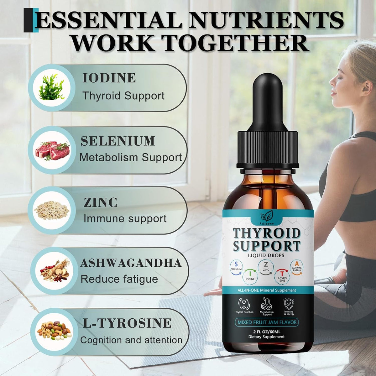 Thyroid Support for Women & Men Liquid Drops.Thyroid Supplement Drops with Selenium Zinc Iodine L-Tyrosine Ashwagandha for Energy & Metabolism Support, Hormone Balance,Vegan，Additives Free - 2 Fl. Oz