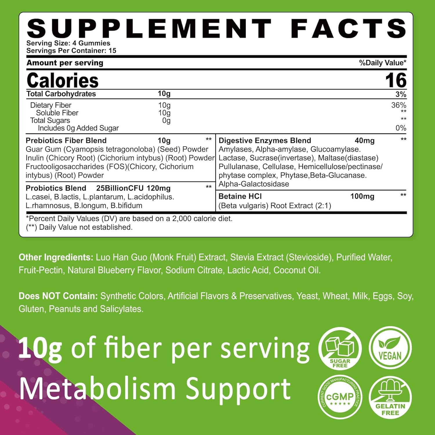 Fiber Gummies for Adults, Sugar Free 10G Prebiotic Fiber Supplement with Digestive Enzymes, Probiotics & 100Mg Betaine for Digestive & Gut Health and Regulate Bowel Movement, Vegan, Gelatin Free,120Ct