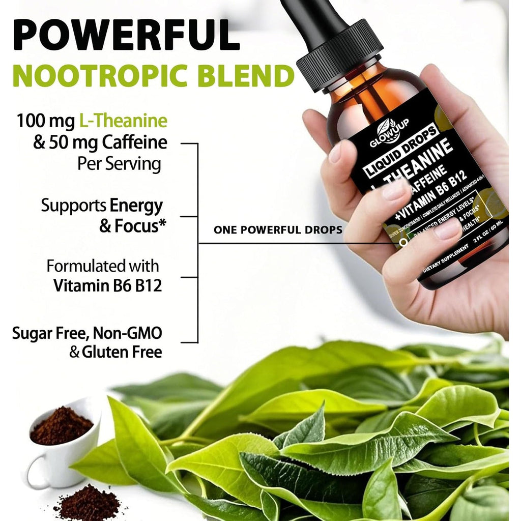 L-Theanine Supplement with Caffeine, Organic Liquid Caffeine 50Mg W. L-Theanine 100Mg, Vitamin B12 B6 for Focused Energy, Alertness & Recess Mood, Nootropic Brain Drops for Women & Men丨30 Days Supply
