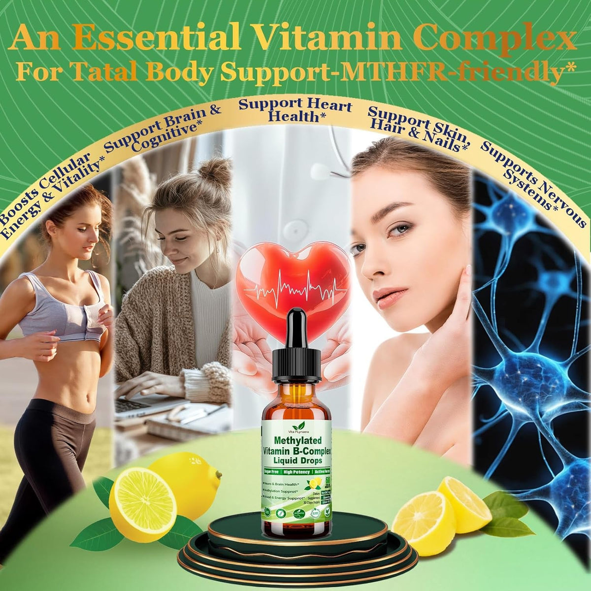 Methylated B Complex Liquid Drop Complete 9-In-1 Methyl B Vitamins W. B12 Methylfolate Inositol Choline TMG Vitamin C E, Super B-Complex Methylated for MTHFR Support, Energy Mood Nerve & Brain Health1