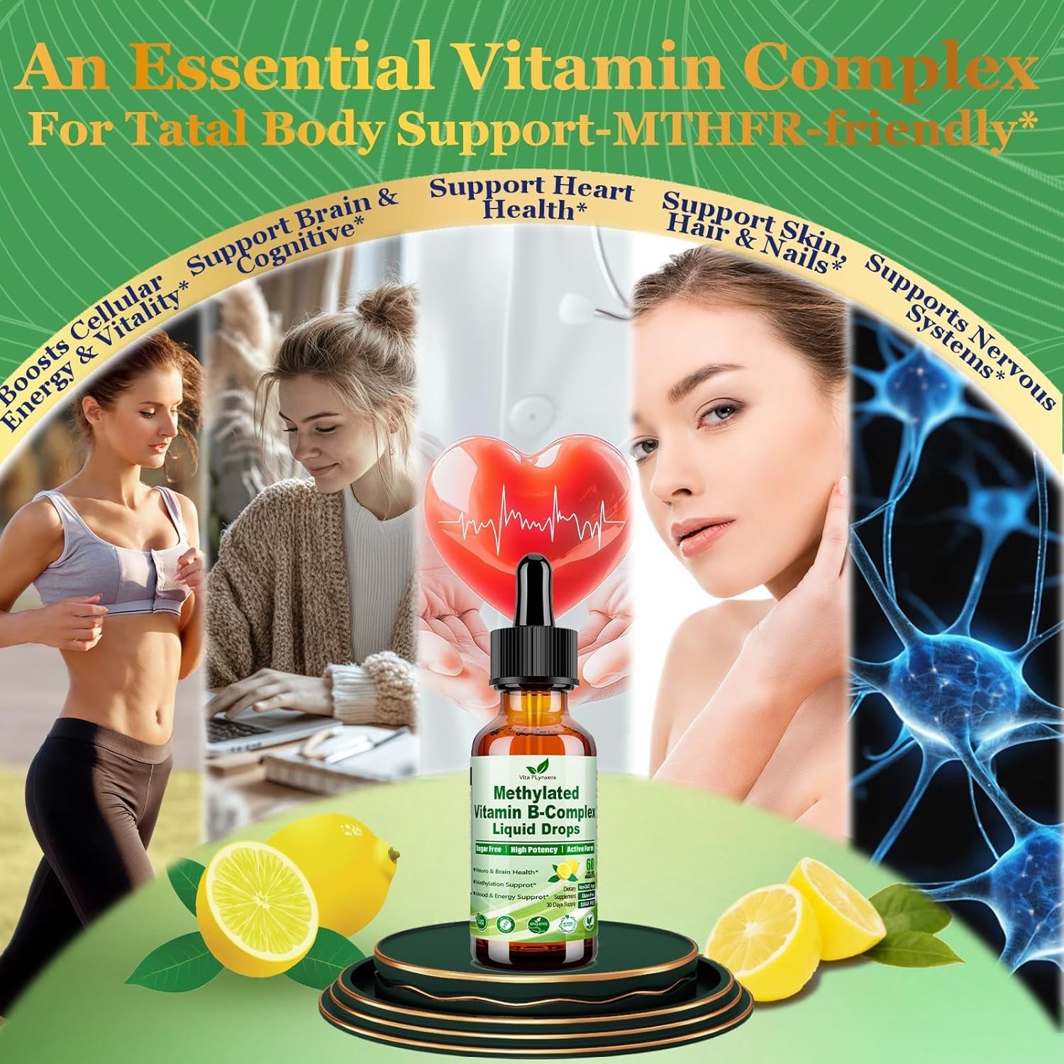 Methylated B Complex Liquid Drop Complete 9-In-1 Methyl B Vitamins W. B12 Methylfolate Inositol Choline TMG Vitamin C E, Super B-Complex Methylated for MTHFR Support, Energy Mood Nerve & Brain Health1