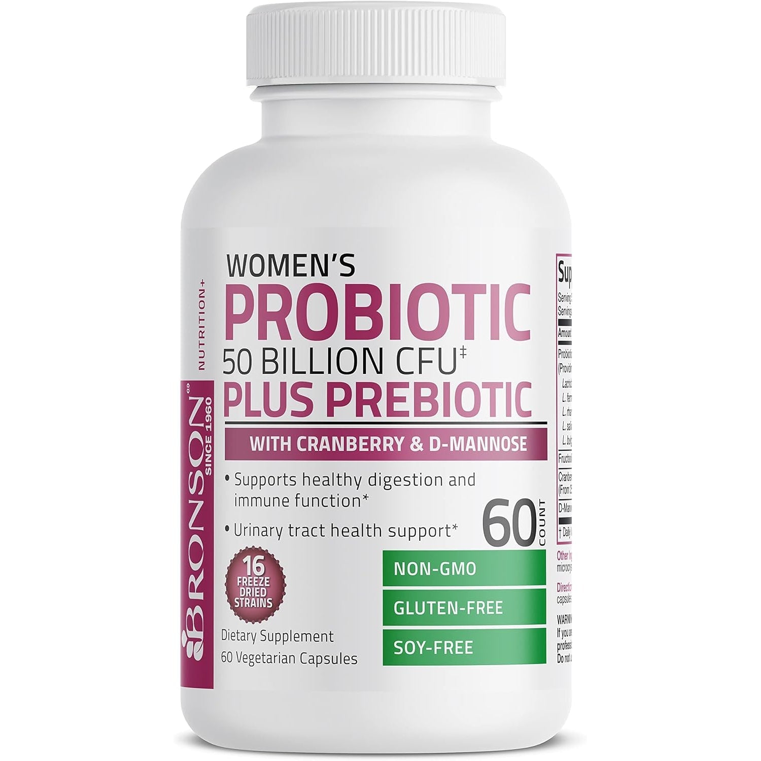 Bronson Women'S Probiotic 50 Billion CFU + Prebiotic with Cranberry & D-Mannose – Vaginal Health, Healthy Digestion, Immune Function and Urinary Tract Support, Non-Gmo, 60 Vegetarian Capsules