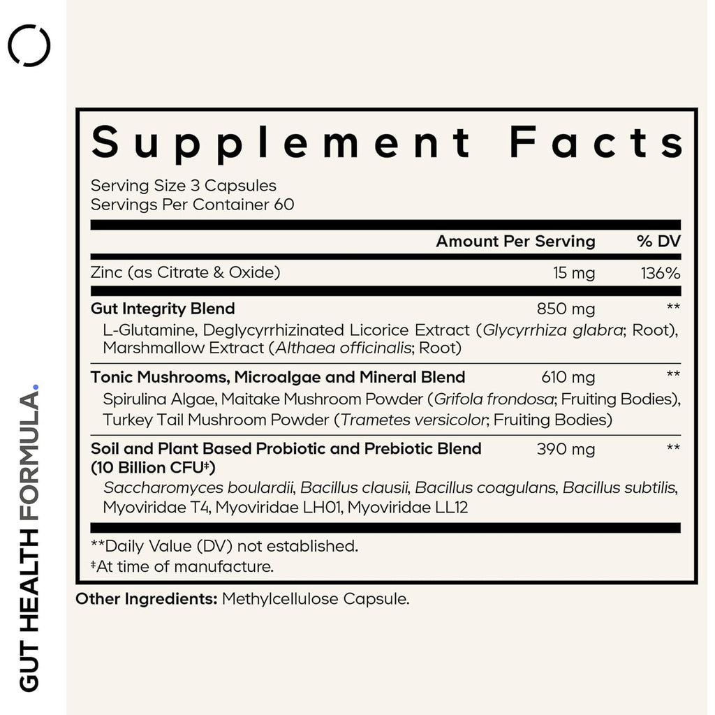 Codeage Gut Health Supplements Vegan Formula - L Glutamine, Zinc, Turkey Tail Mushroom Powder, Tonic Mushroom, Maitake, Micro Algae, Mineral, Licorice Root DGL - Probiotics, Prebiotics - 180 Capsules