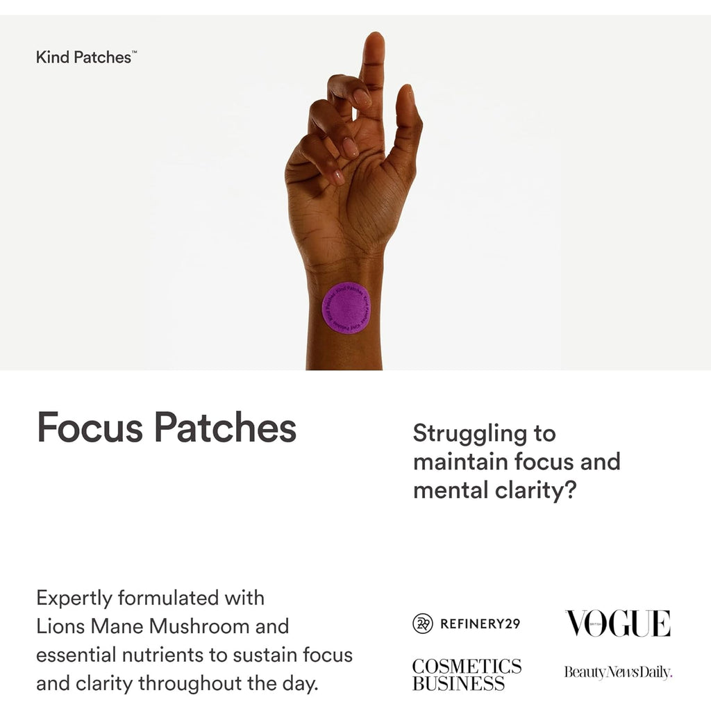 Kind Patches Focus Patches - Mental Clarity and Cognitive Performance - Enhance Productivity with Omega 3, Lion'S Mane, L-Theanine, Ginseng - 30 Count