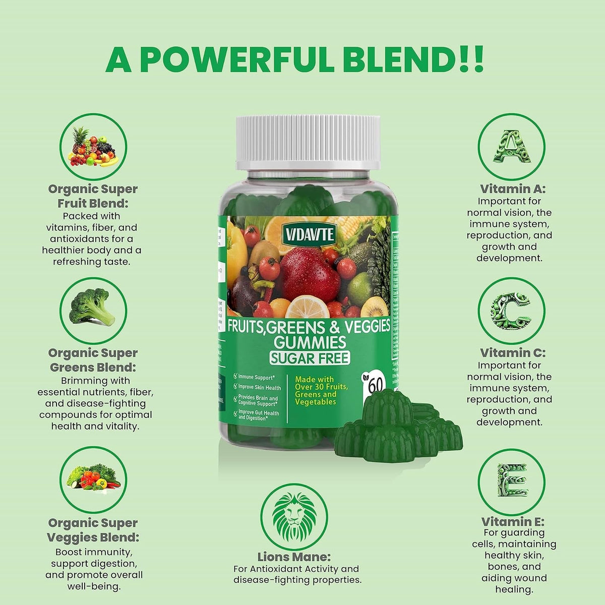 VIDAVITE Sugar-Free Super Greens Gummies — Us-Made, 35+ Fruit and Veggie Gummies to Boost Immunity, Skin & Gut Health — Ideal Fruits and Vegetables Supplement for Adults & Picky Teens (30-Days Supply)