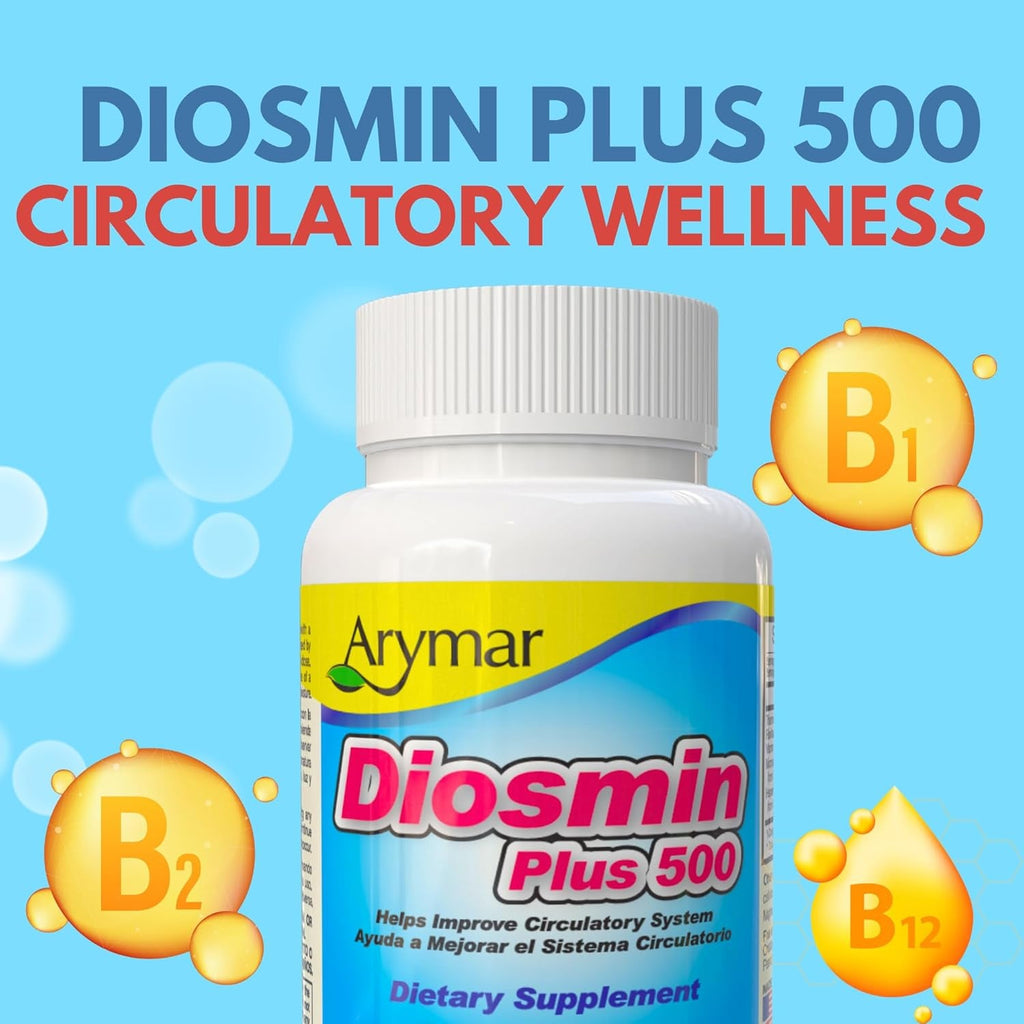 Arymar Diosmin 500Mg with Vitamin B-Complex: Circulatory Formula for Leg Vein Integrity and Normal Blood Flow, Vascular Health and Microcirculation, 60 Capsules