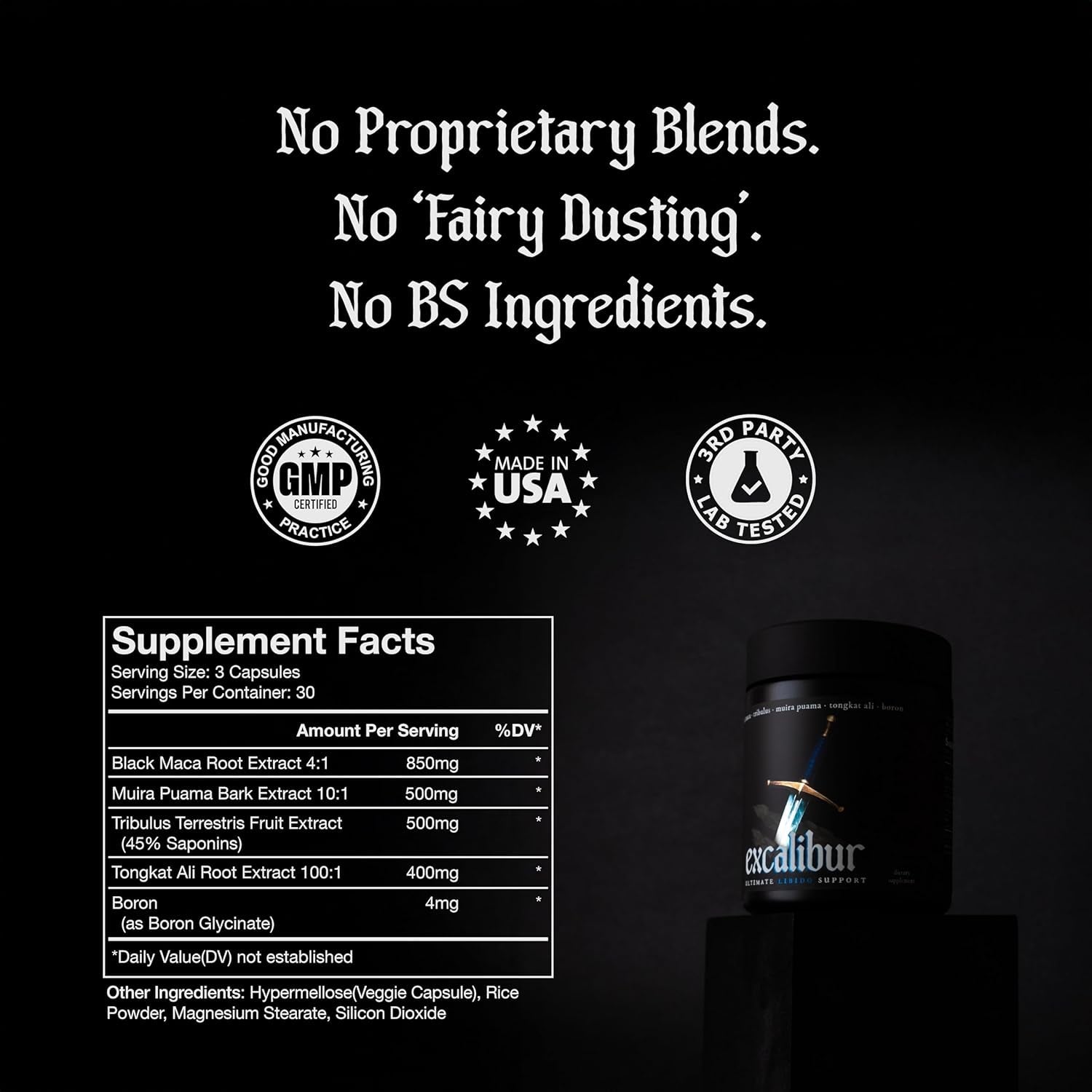 Excalibur - Libido Booster | Testosterone, Hormone & Libido Support for Men | Black Maca, Muira Puama, Tribulus Terrestris, Tongkat Ali, & Boron | One Month Supply, Boost Drive, Desire, and Blood Flow
