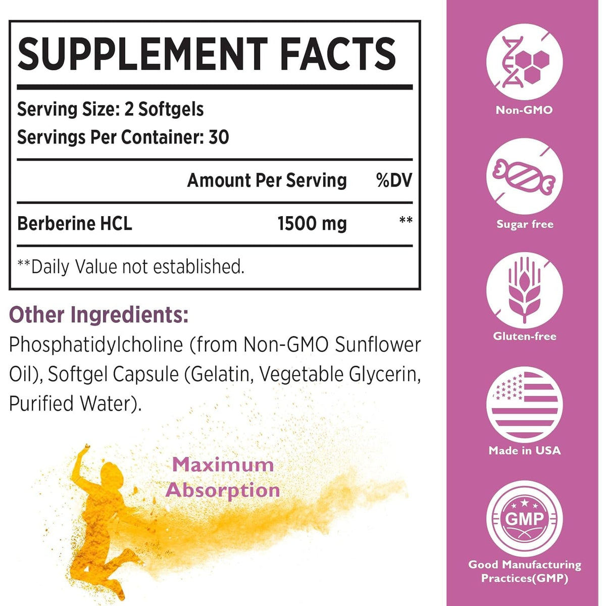 Konefancy Berberine HCL Supplement 1500Mg - Third Party Tested, High Bioavailability Liposomal Berberine Capsules for Women and Men, GLP-1 Support and AMPK Activator, Non-Gmo, Sugar-Free,60 Softgels