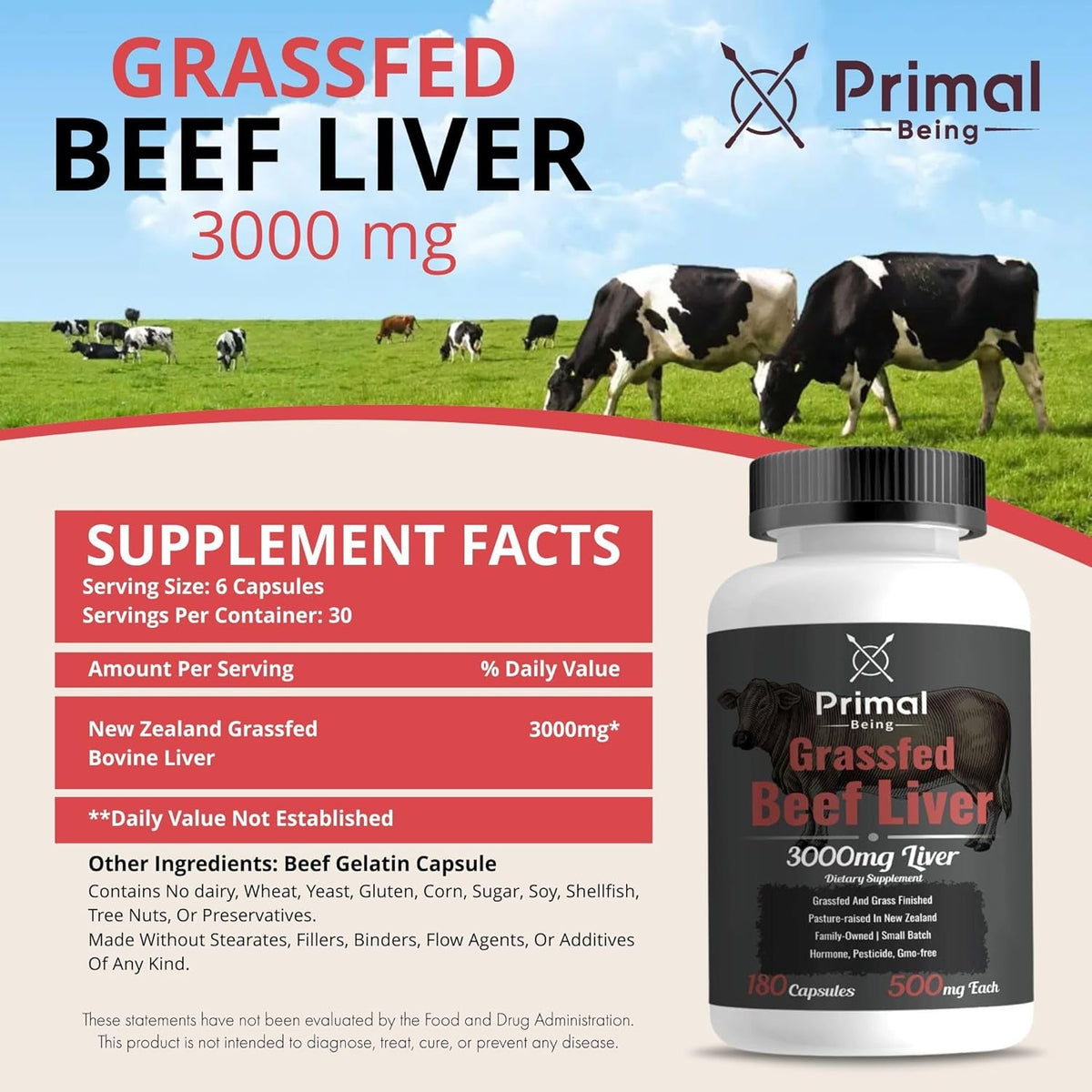 Primal Being Grassfed Beef Liver - 3000Mg Freeze Dried Capsules - Pasture Raised in New Zealand - Natural Beef Organ Supplement - Liver Supplement for Energy and Wellness - 180 Count