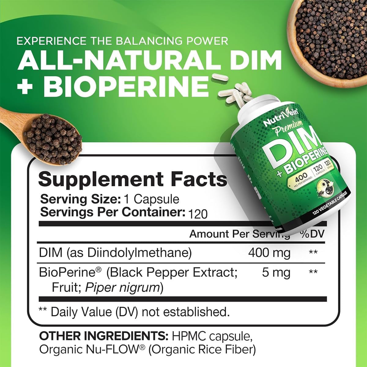 Nutrivein Premium DIM Supplement 400 Mg Daily - 120 Servings (120 Capsules): Diindolylmethane for Women and Men - plus Bioperine - Estrogen Supplement - Menopause and Middle Age Support