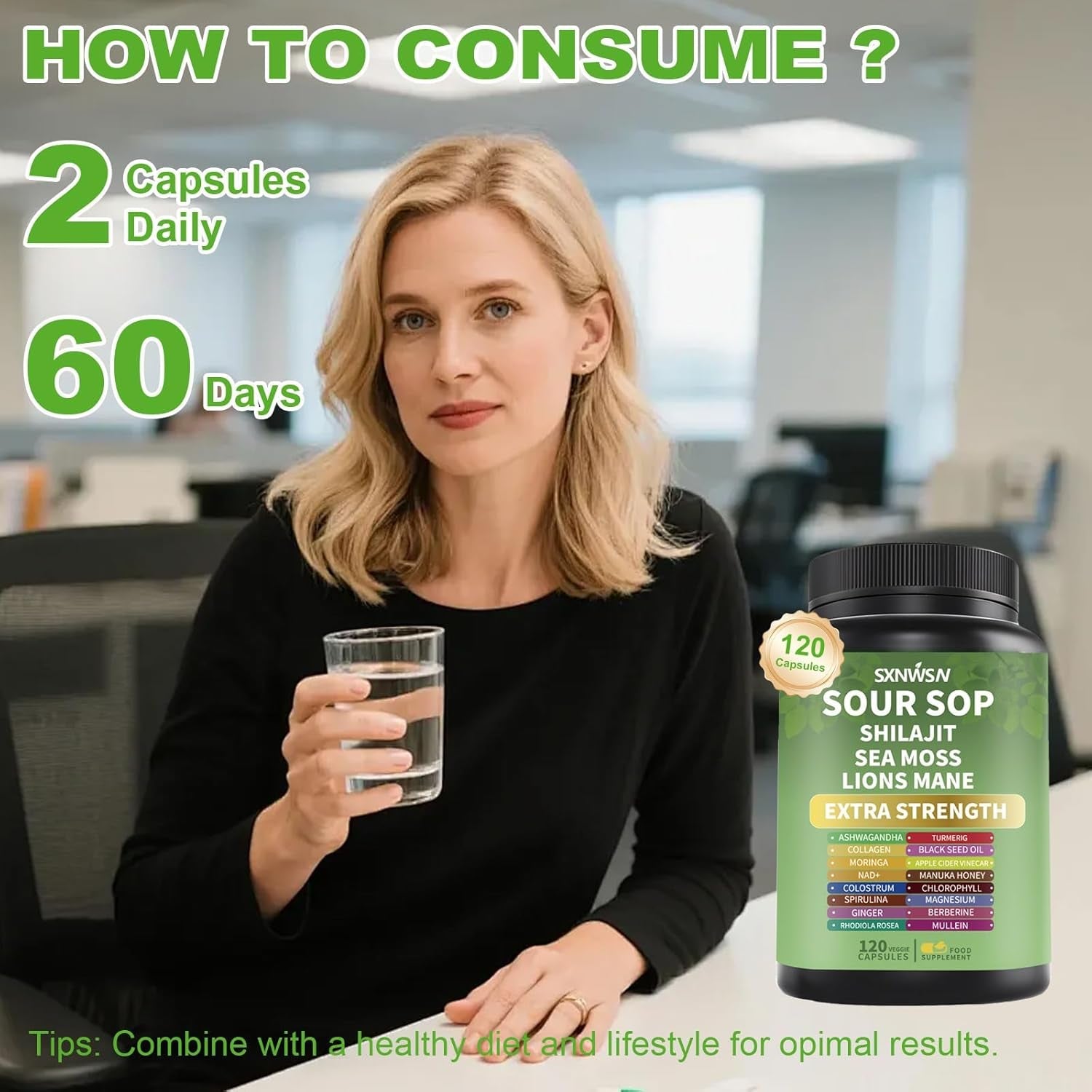 Soursop Supplement with Ashwagandha Sea Moss Lions Mane Turmeric Shilajit - Graviola Complex Capsules for Antioxidant, Brain & Joint & Skin Support | 120 Vegan Capsules
